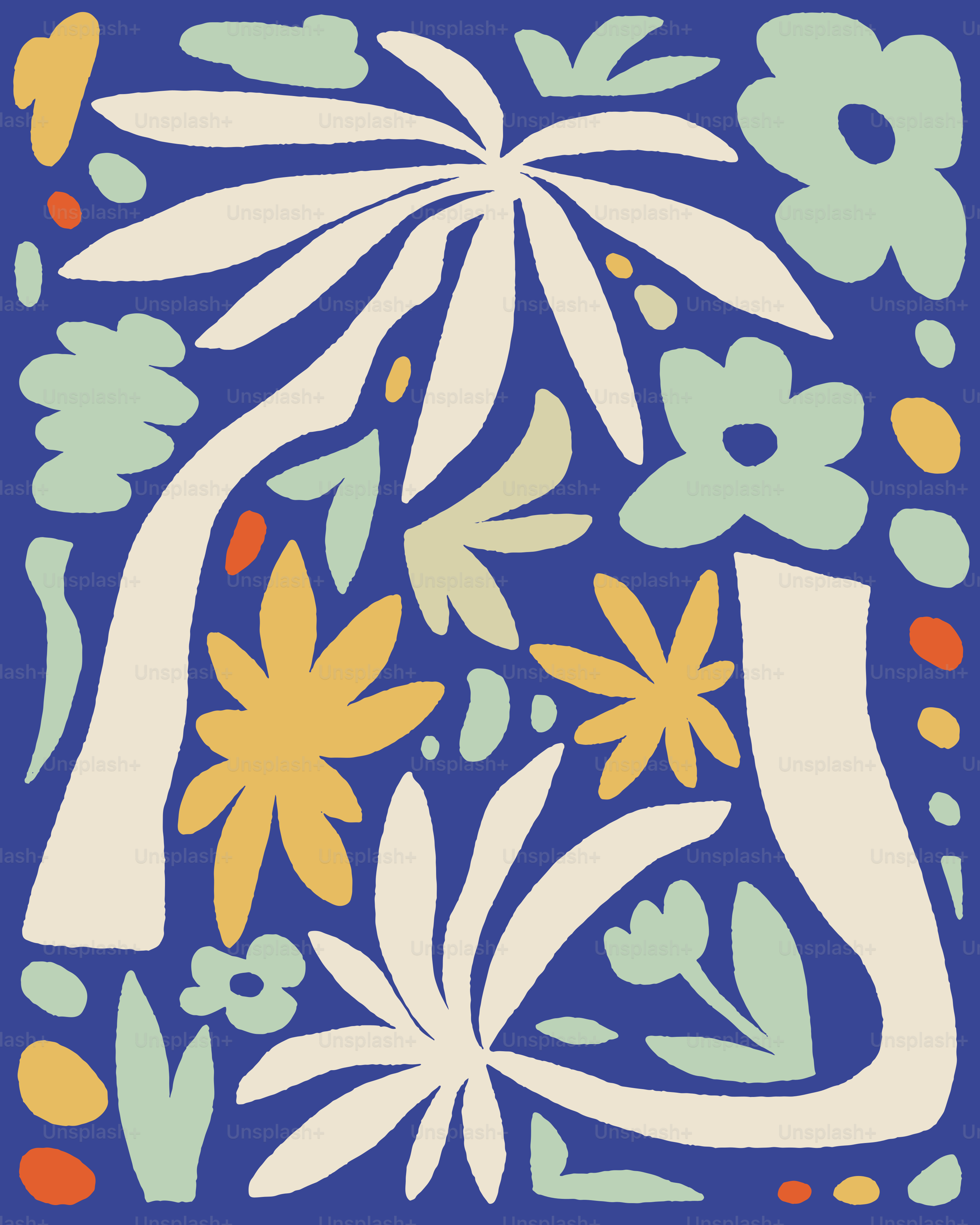 Abstrakte Blumen- und Palmblattformen auf blauem Hintergrund