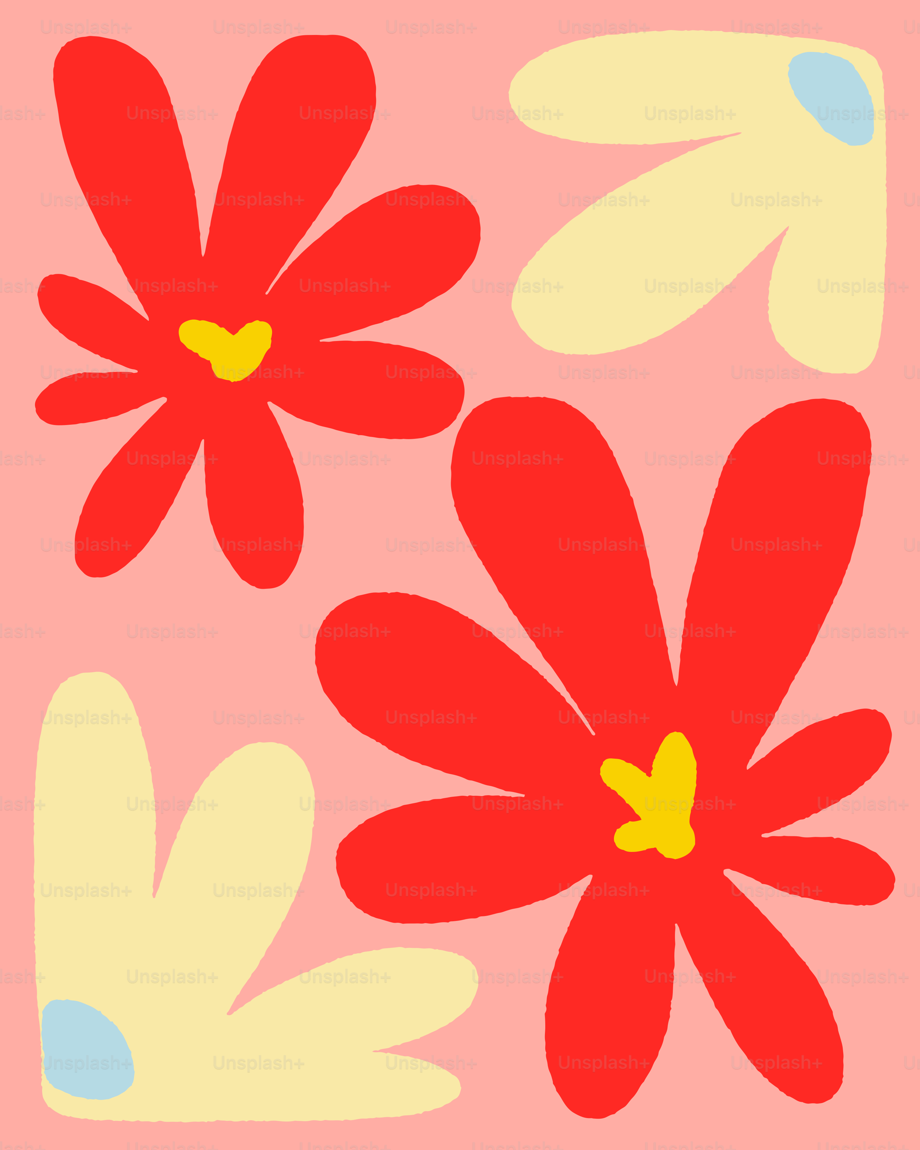 Abstract red and yellow flowers on pink background
