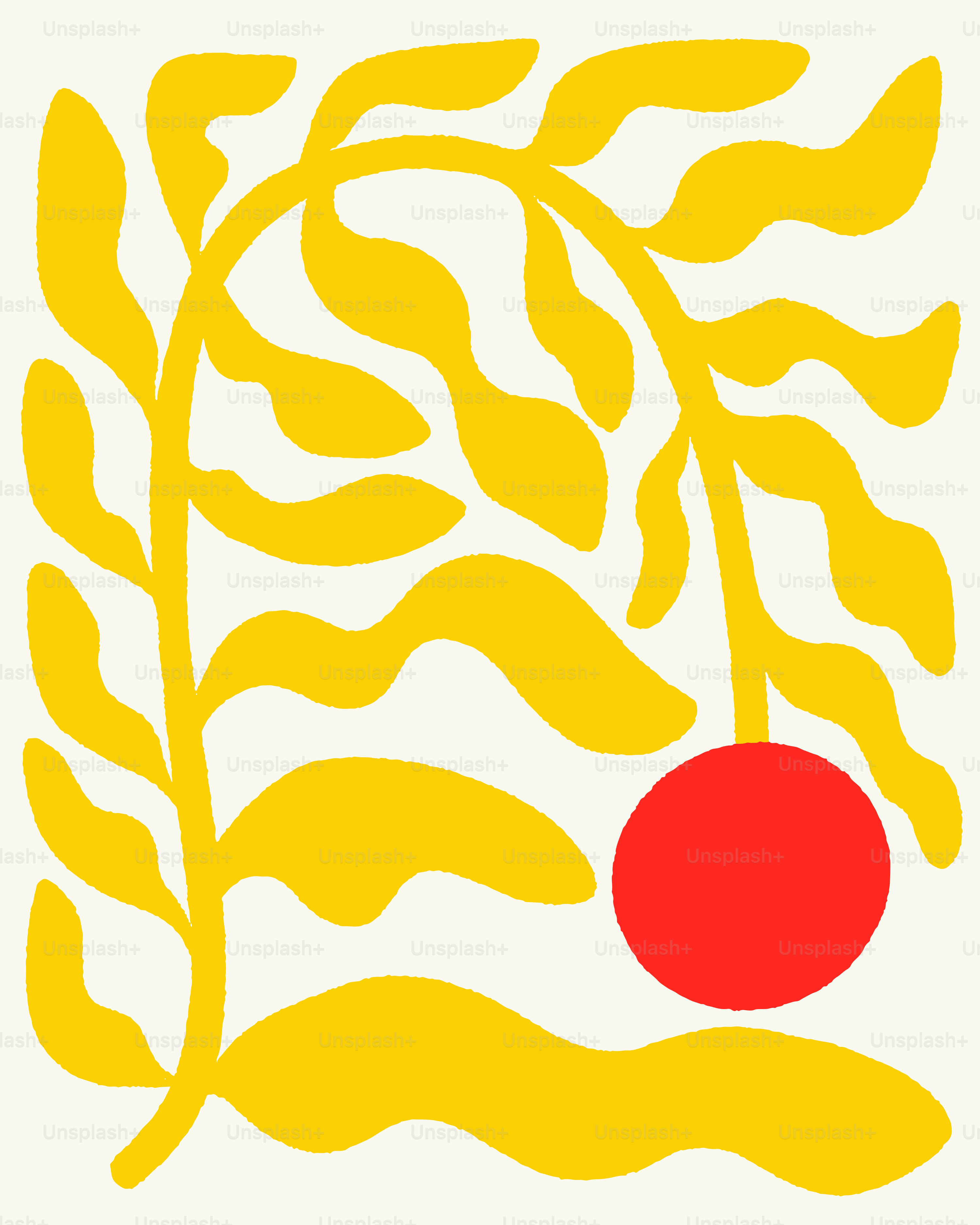 Pianta gialla astratta con cerchio rosso su sfondo bianco