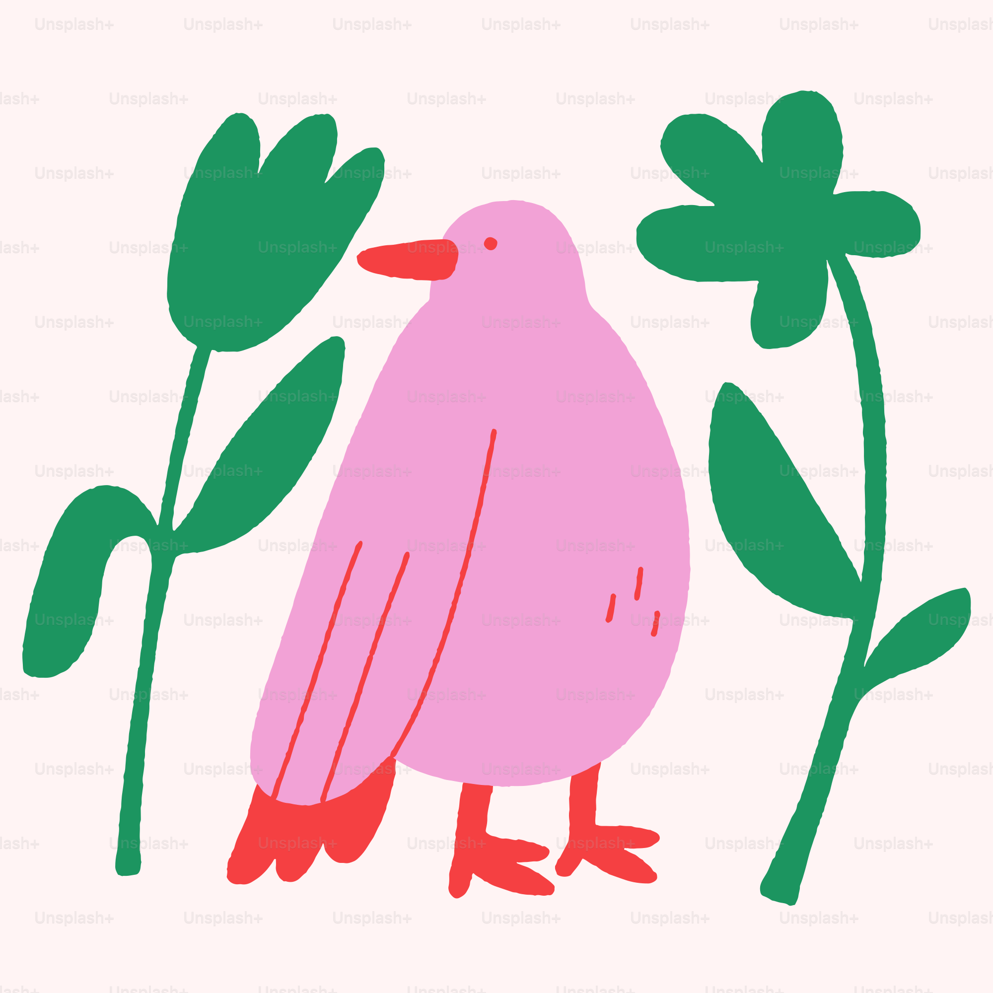 A pink bird stands between two green flowers.