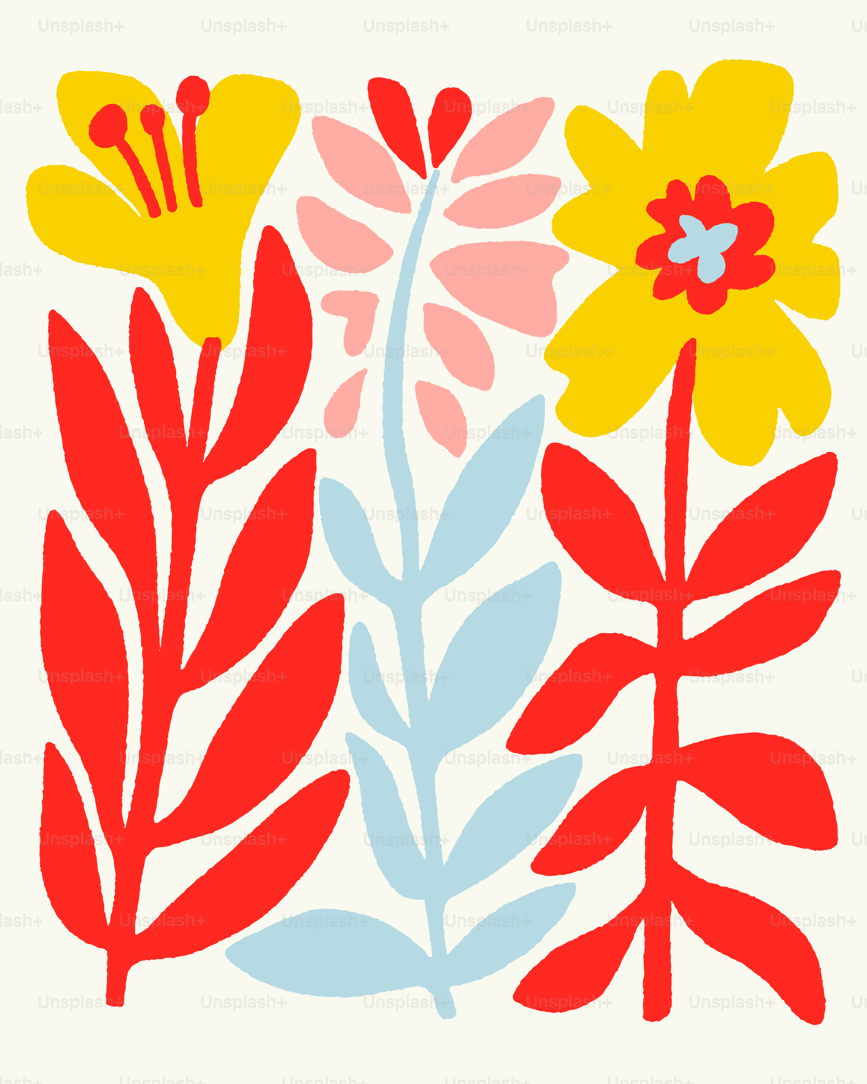 A red, yellow, and blue flower on a white background