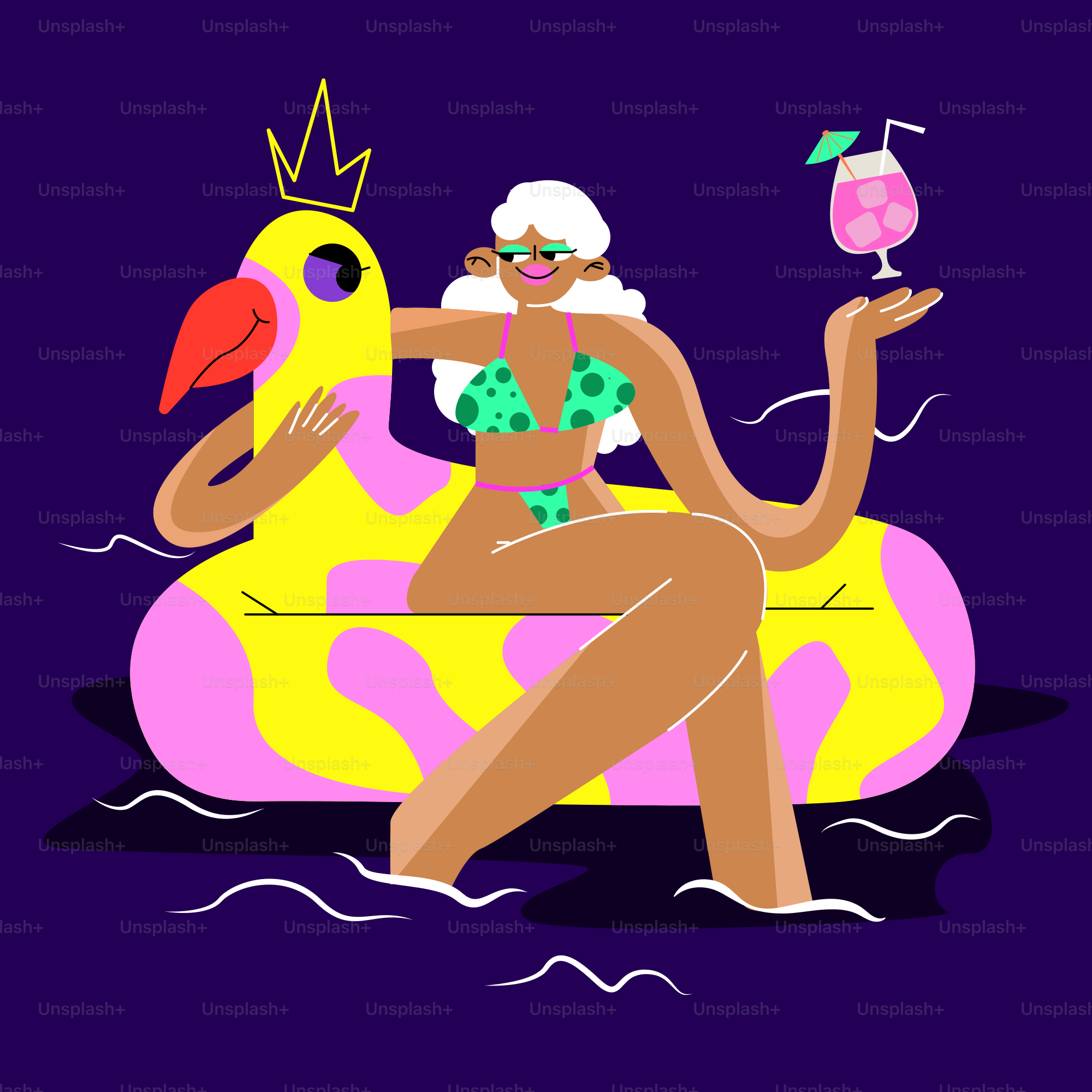 Woman in bikini relaxes on inflatable flamingo with cocktail.