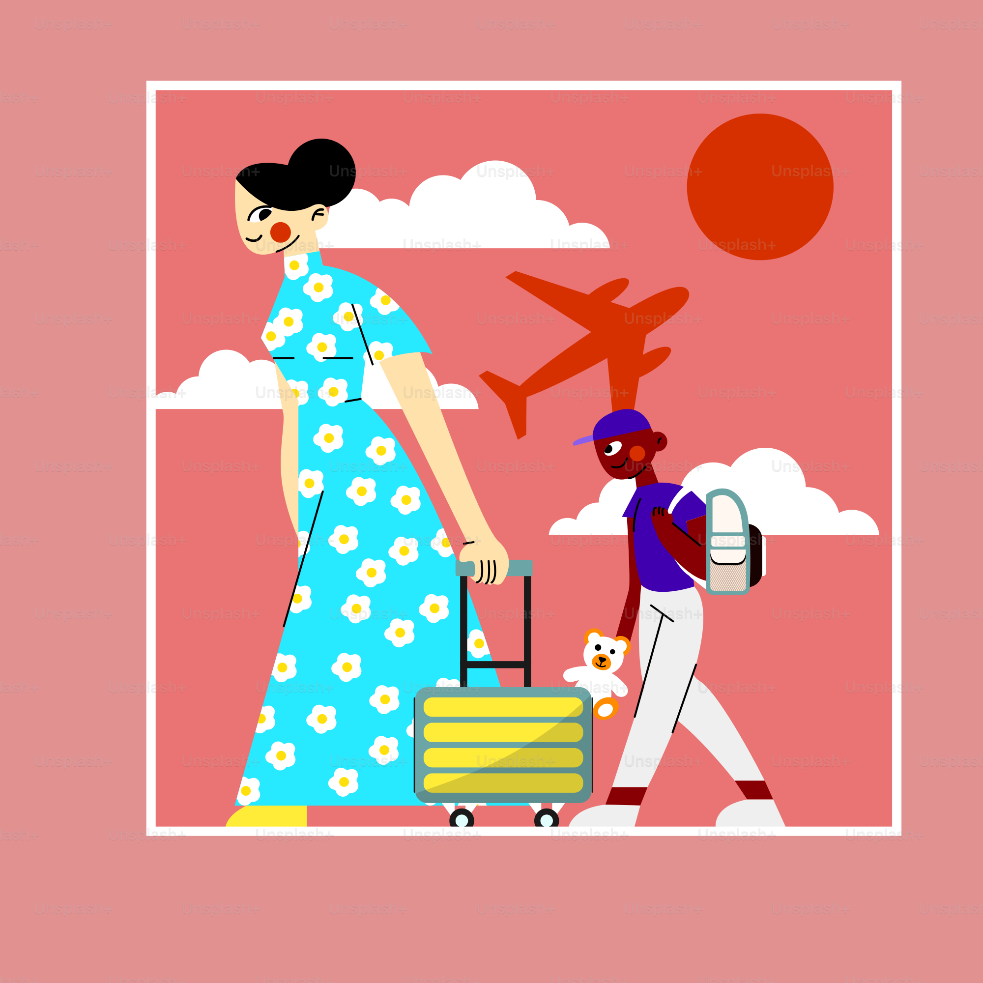 Woman and child with luggage walking towards airplane.