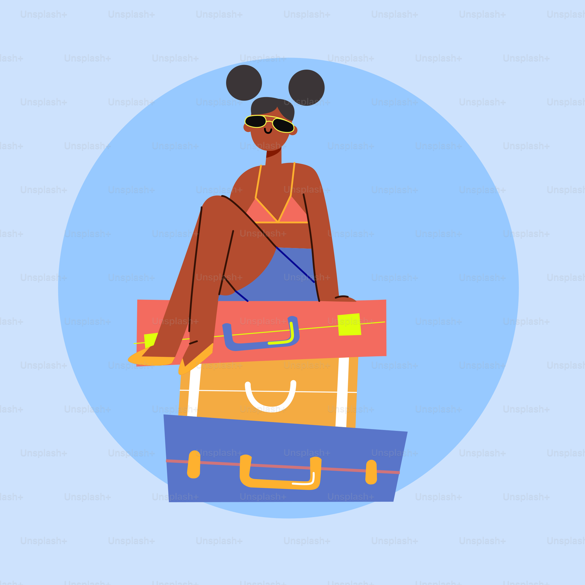 Woman in swimwear sits on stack of colorful luggage.