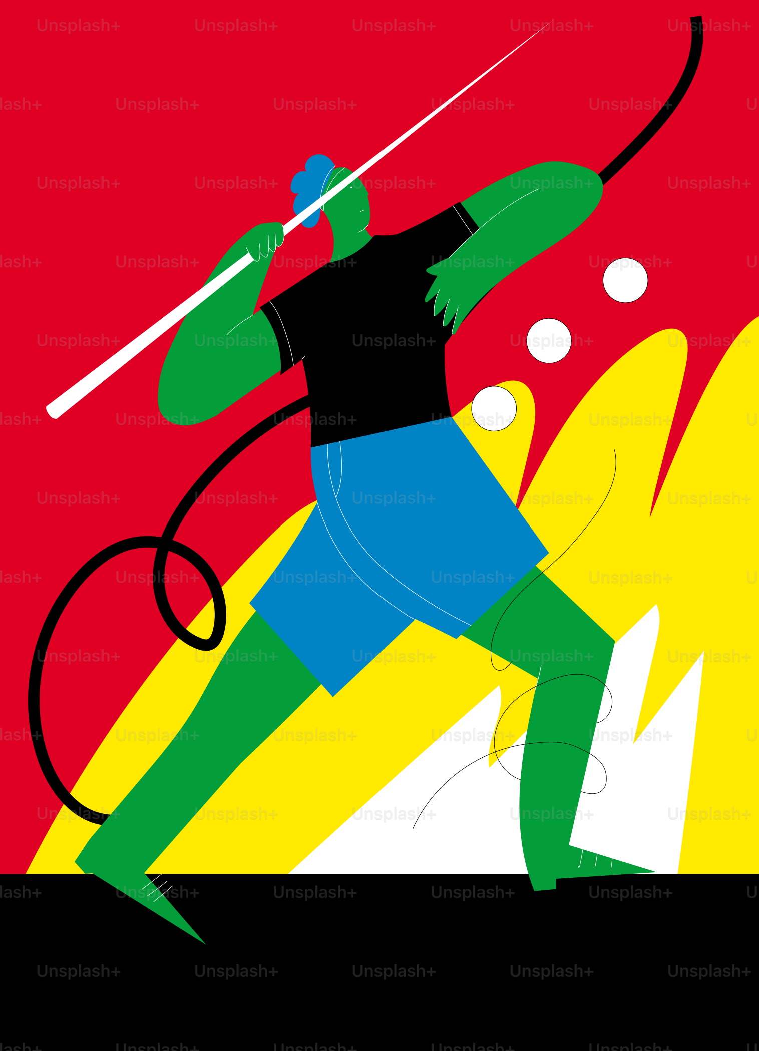 Green athlete throws javelin against red background