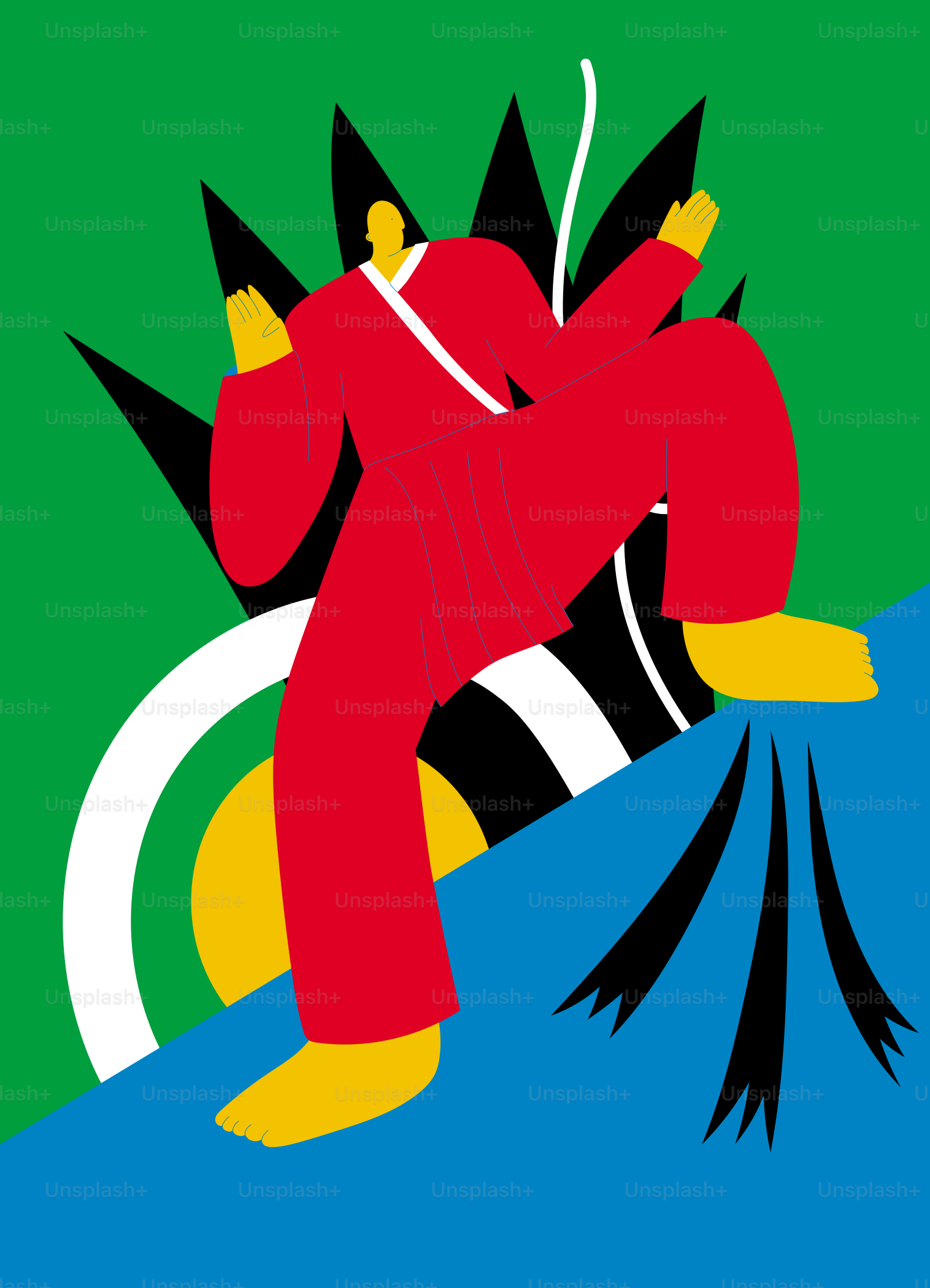 Man in red gi practices martial arts on blue slope