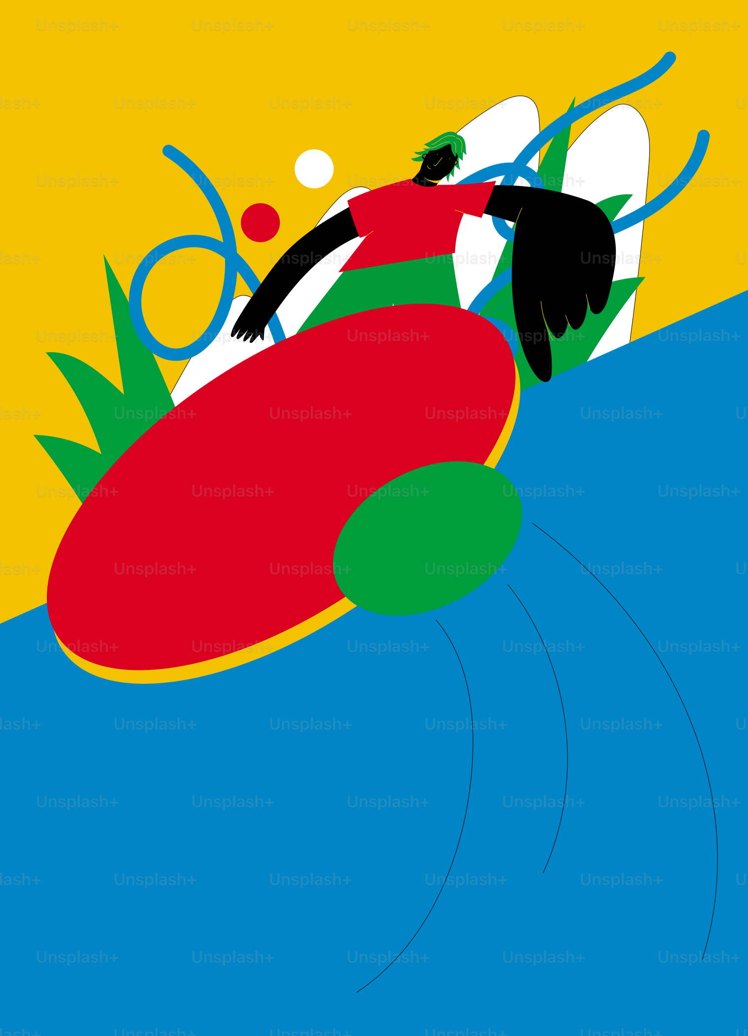 A person is surfing on a red board.