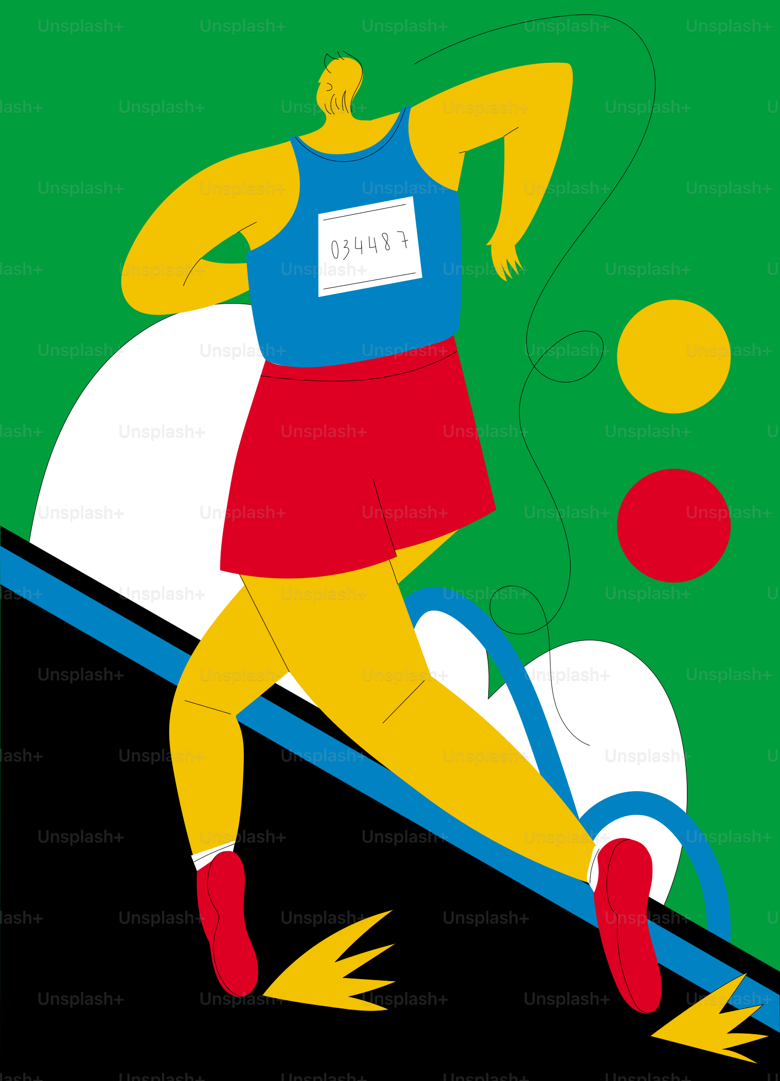 Runner in red shoes on a green background