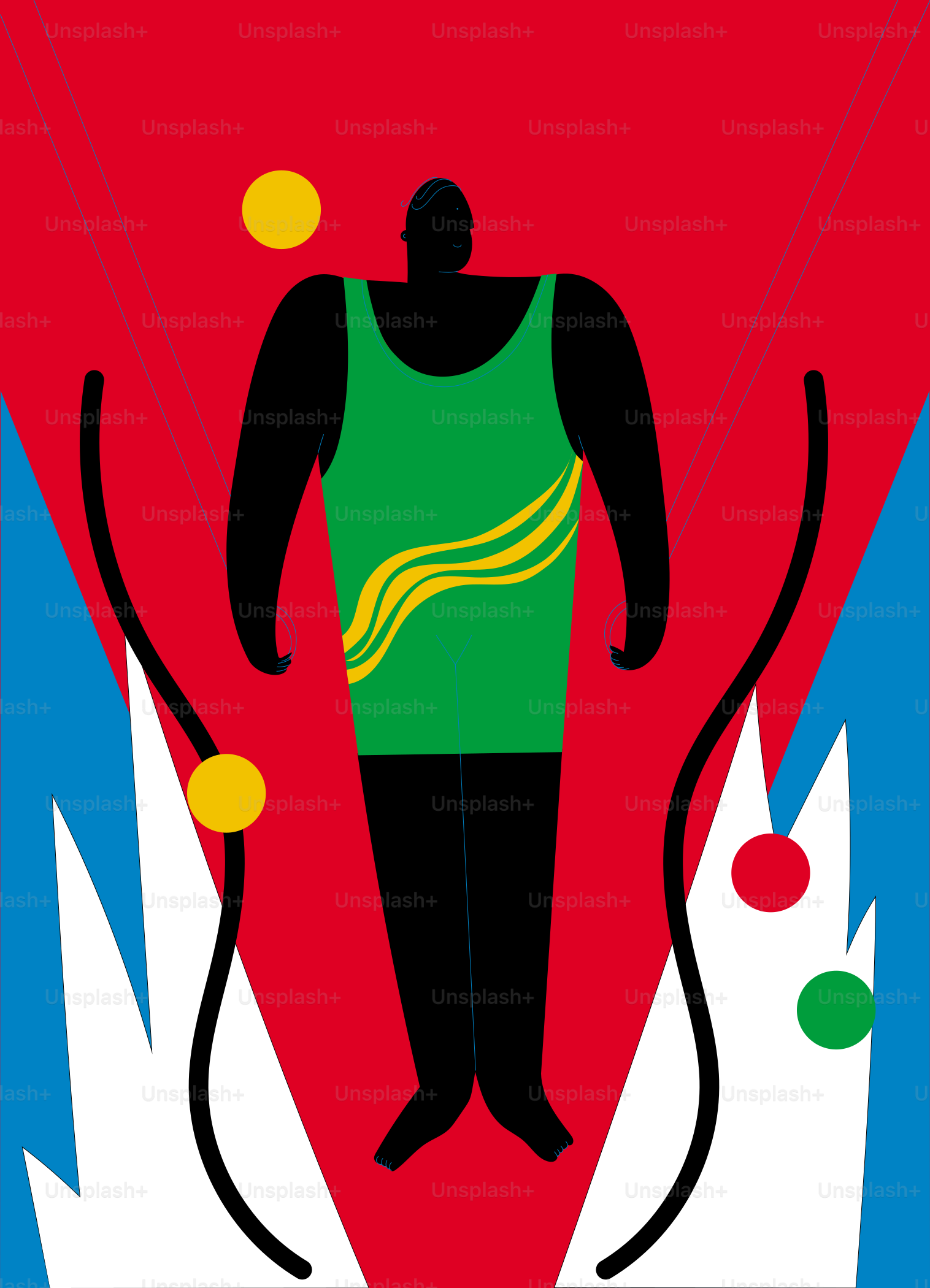 A silhouetted figure in a green leotard juggles balls.