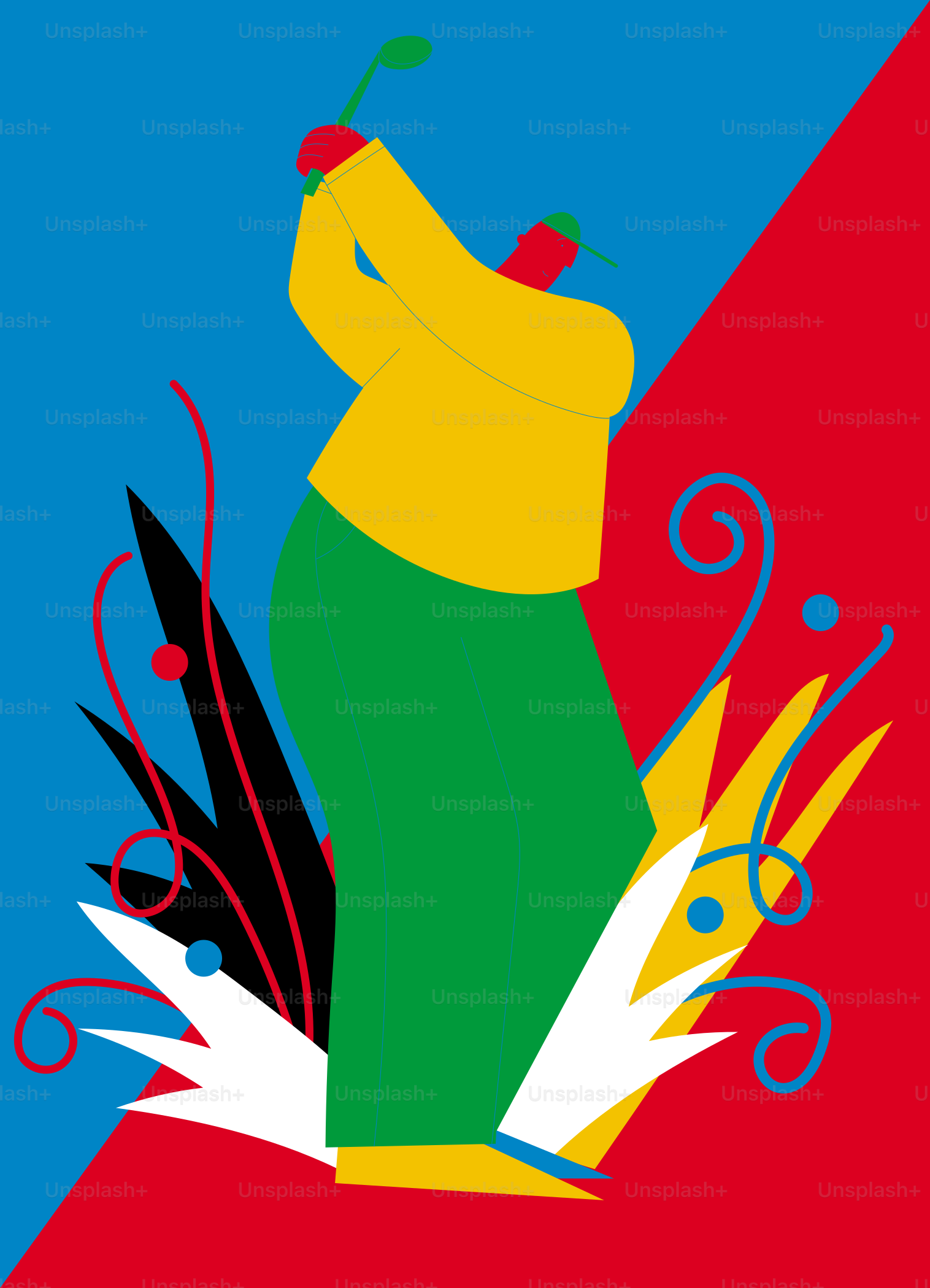 Golfer swings club against a colorful abstract background