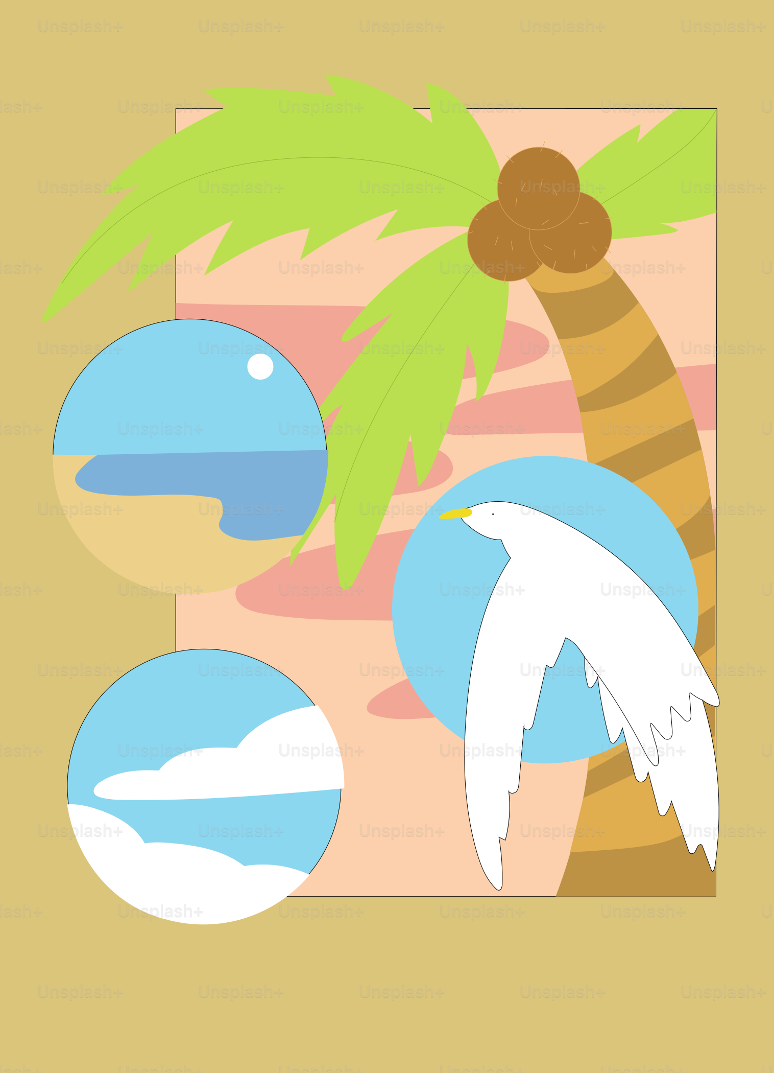 Tropical scene with palm tree, bird, and ocean views