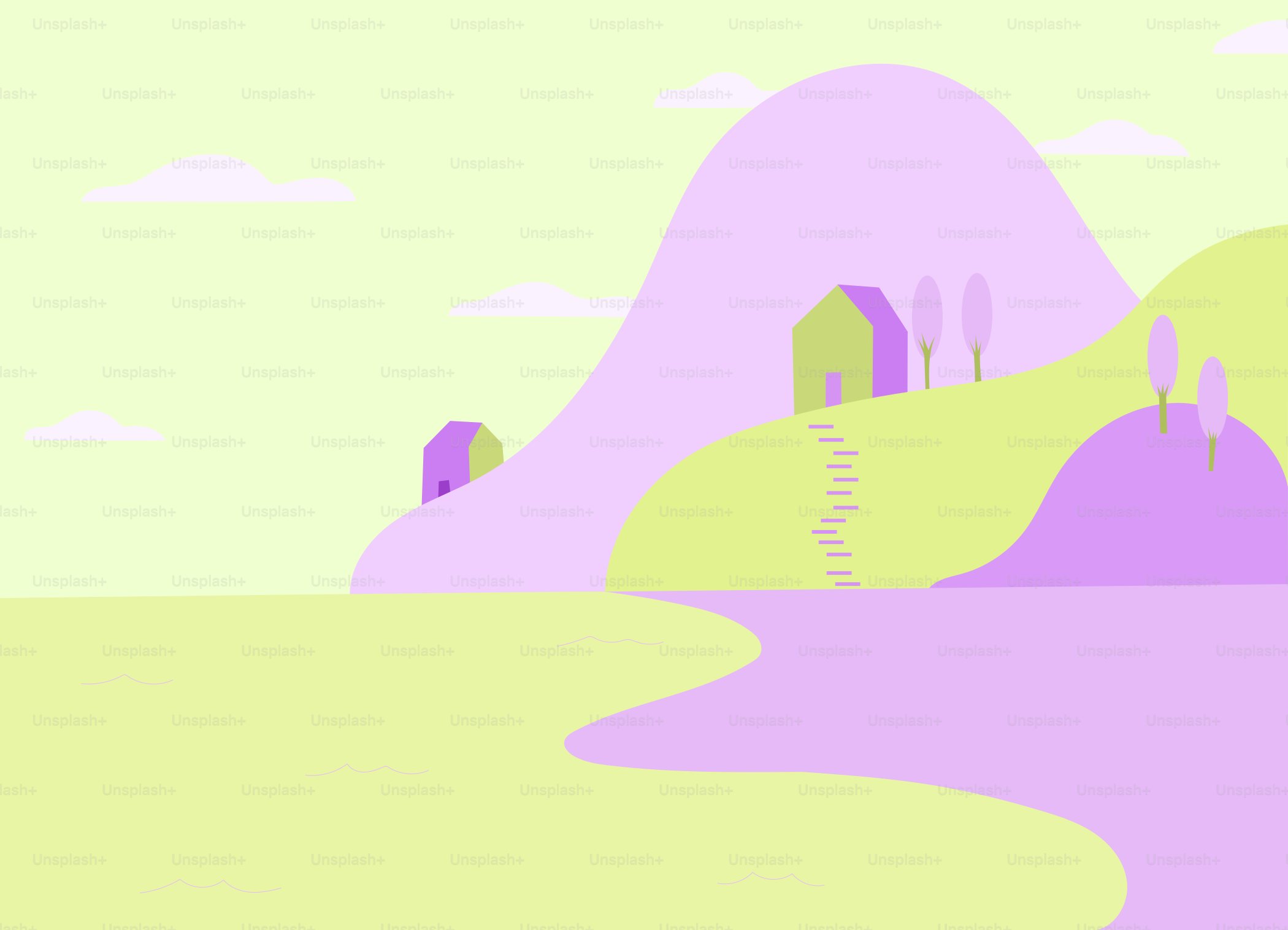 Pastelllandschaft mit sanften Hügeln und Häusern.