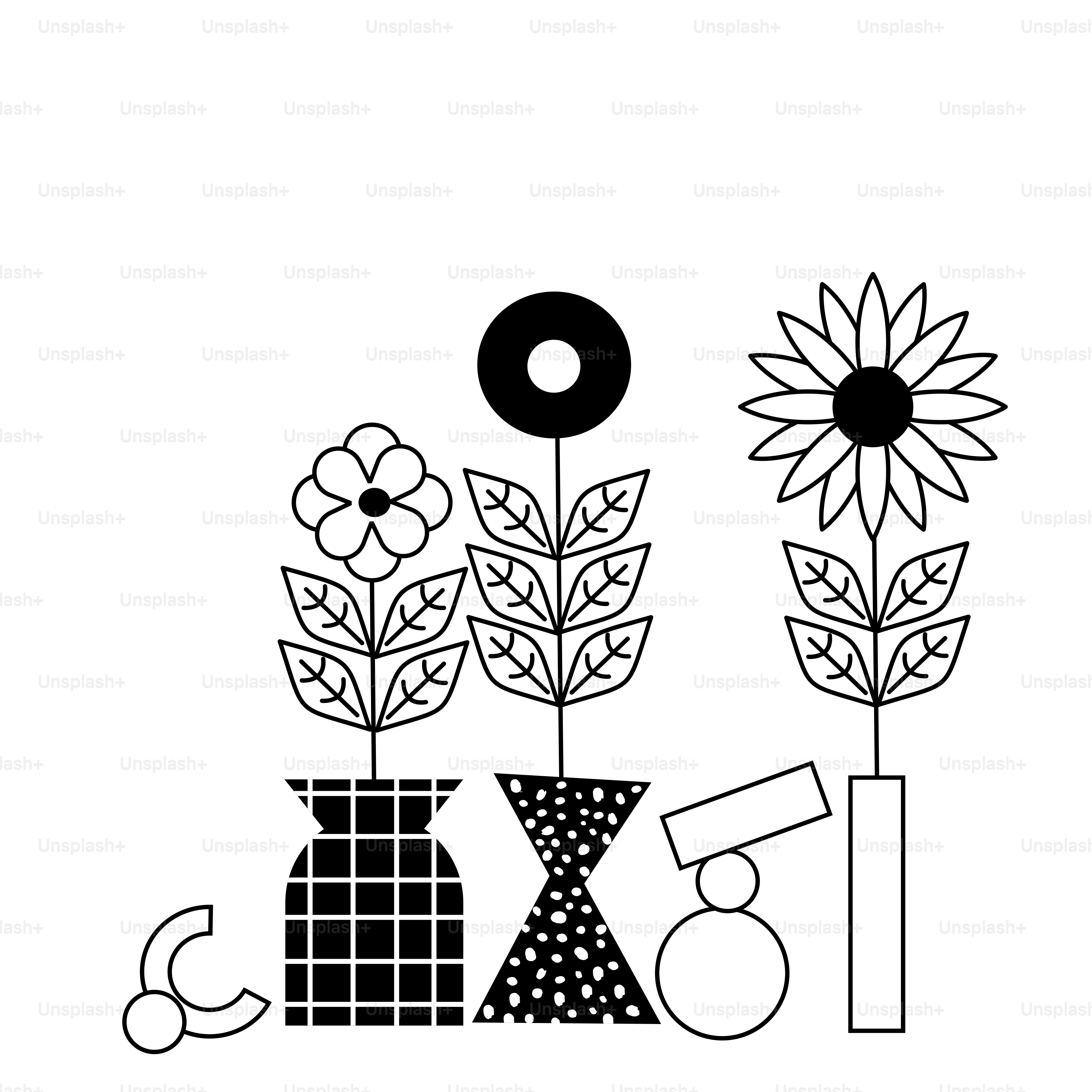Drei stilisierte Blumen in gemusterten Vasen.