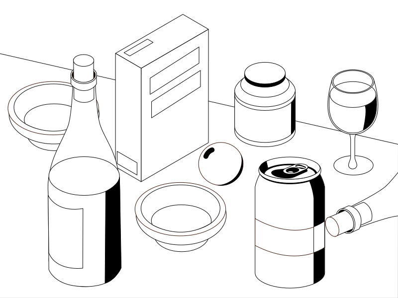 Still life with bottles, cans, bowls, and glass