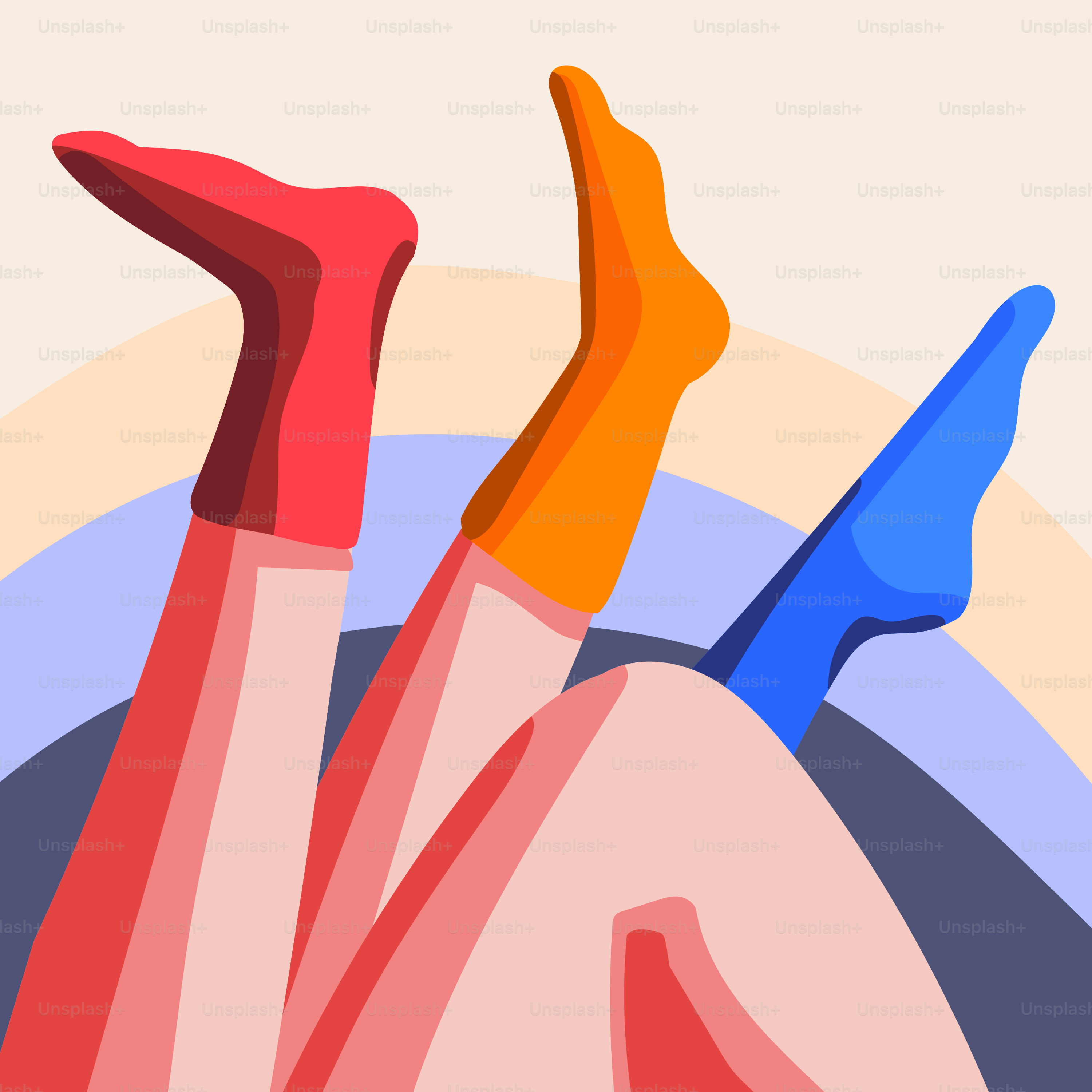 Three legs wearing colorful socks against a pastel background.