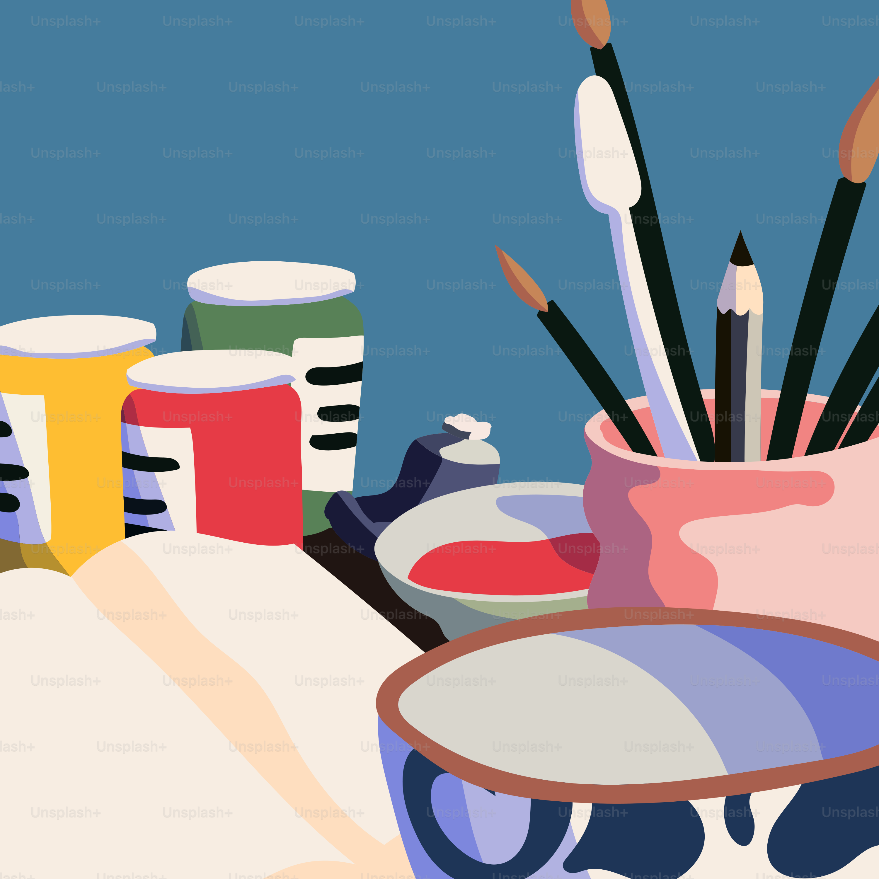 Una taza llena de mucha pintura y pinceles