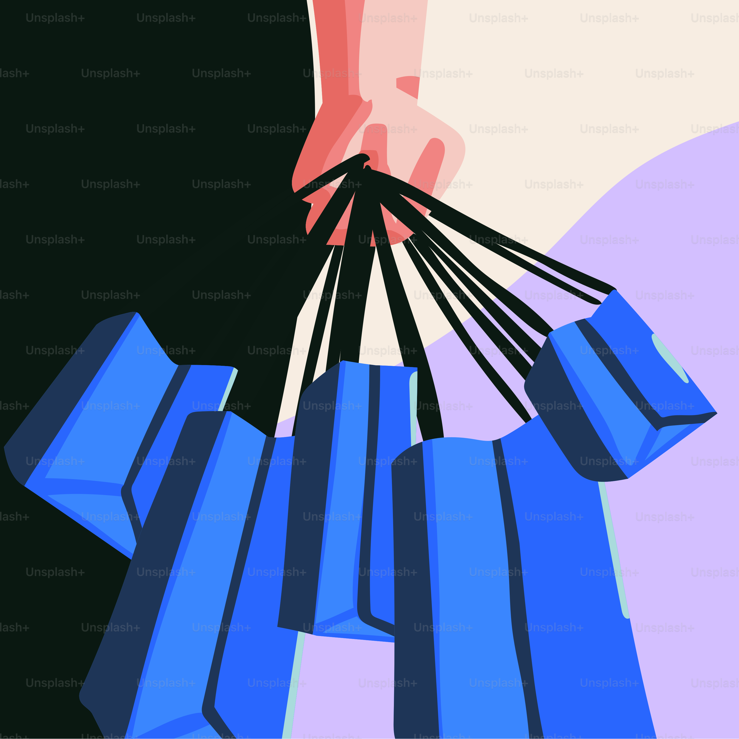 Hand holding multiple blue shopping bags