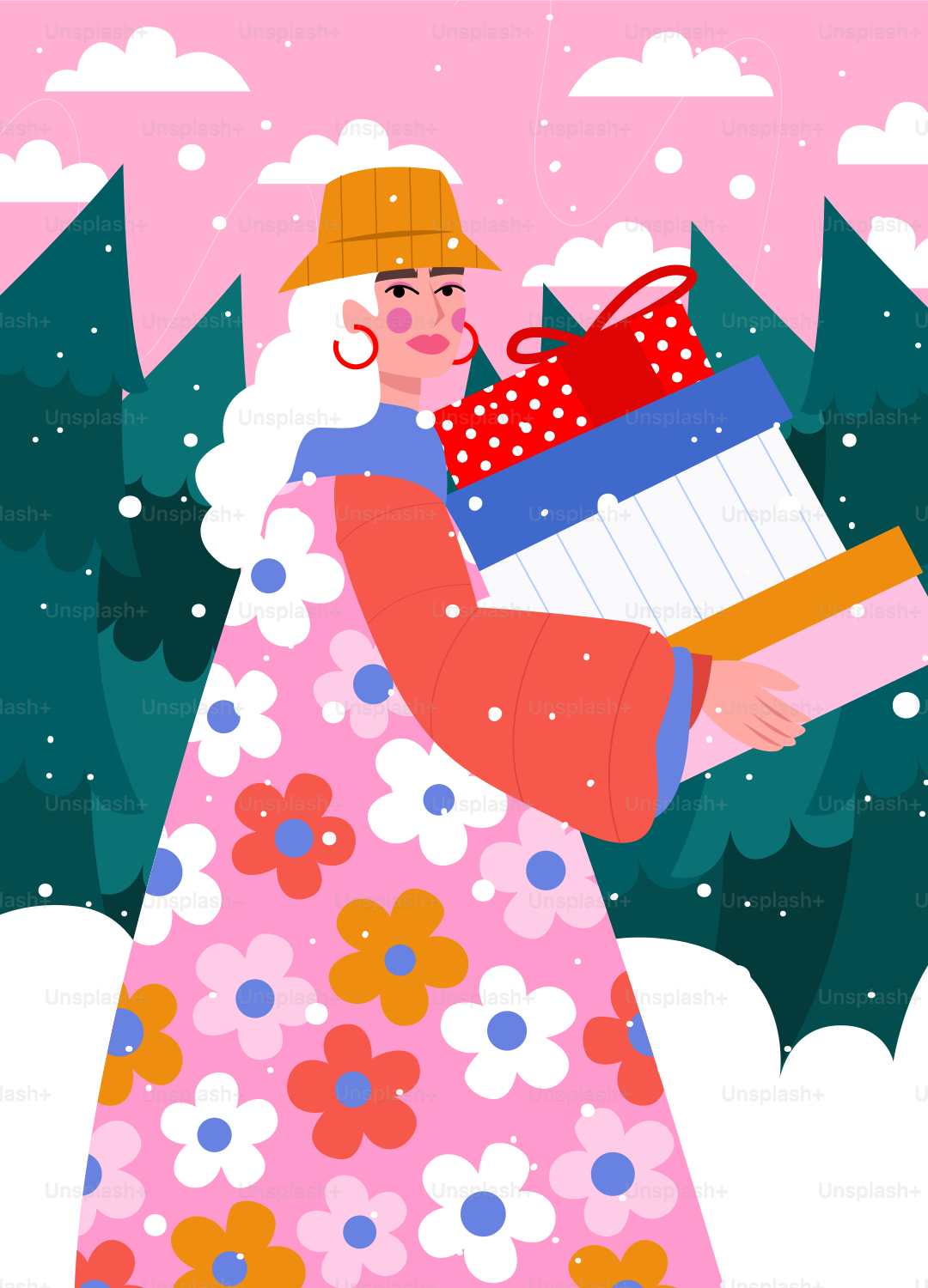 Mujer llevando regalos a través de un bosque nevado