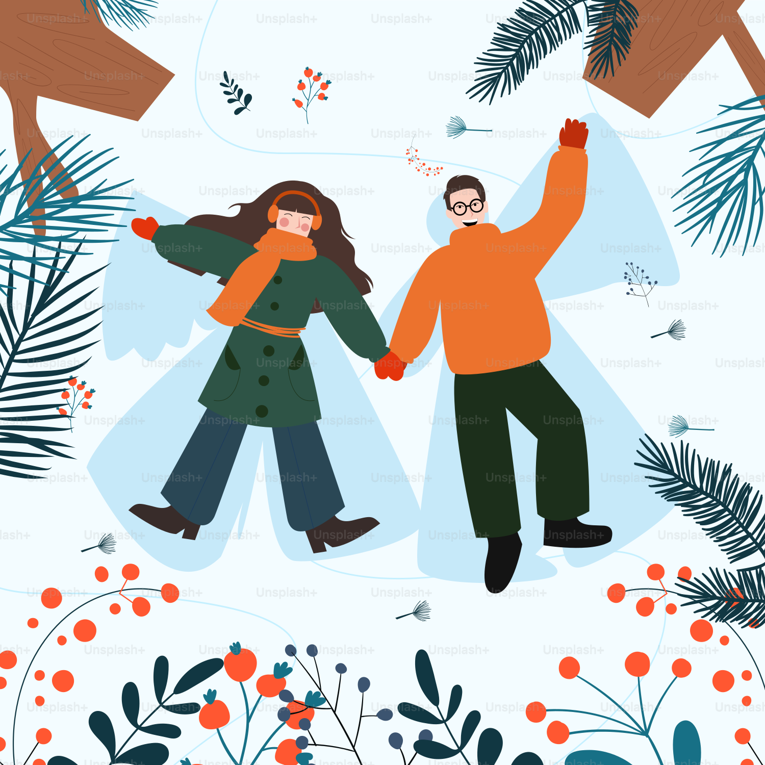 Couple making snow angels surrounded by winter foliage