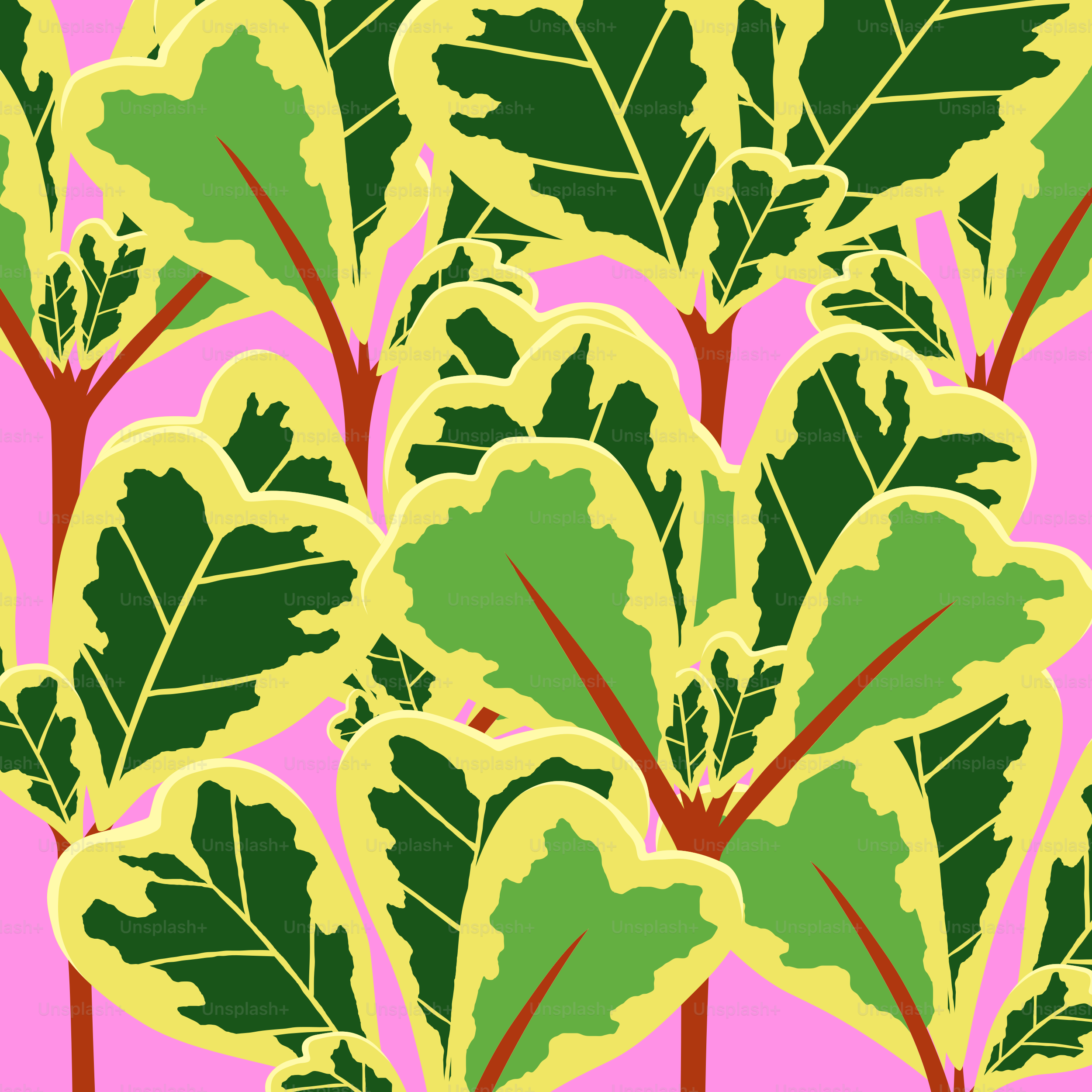 Green and yellow leaves on pink background