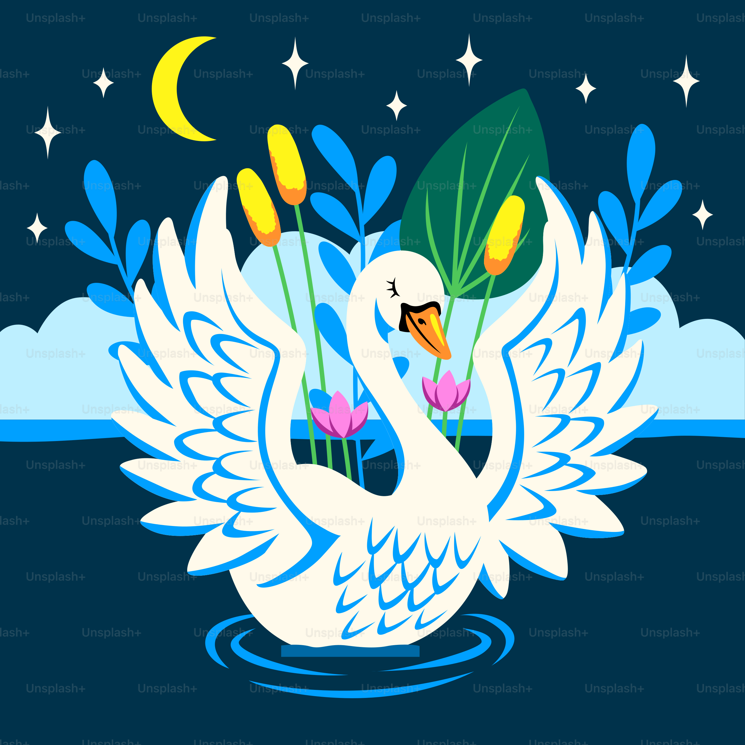 A graceful swan floats on water under a crescent moon.
