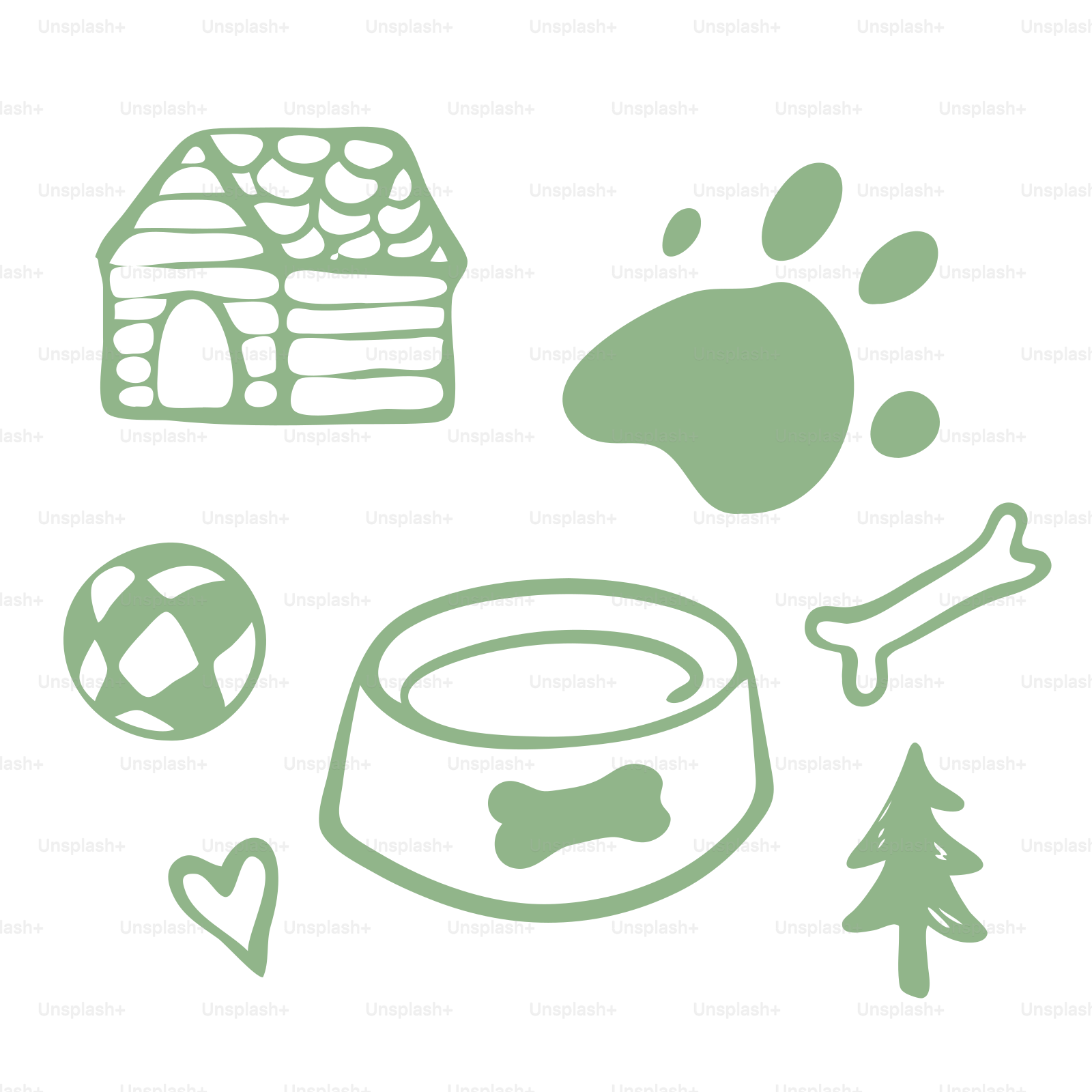 Hundehäuschen, Pfotenabdruck, Ball, Schale, Knochen, Herz, Baum