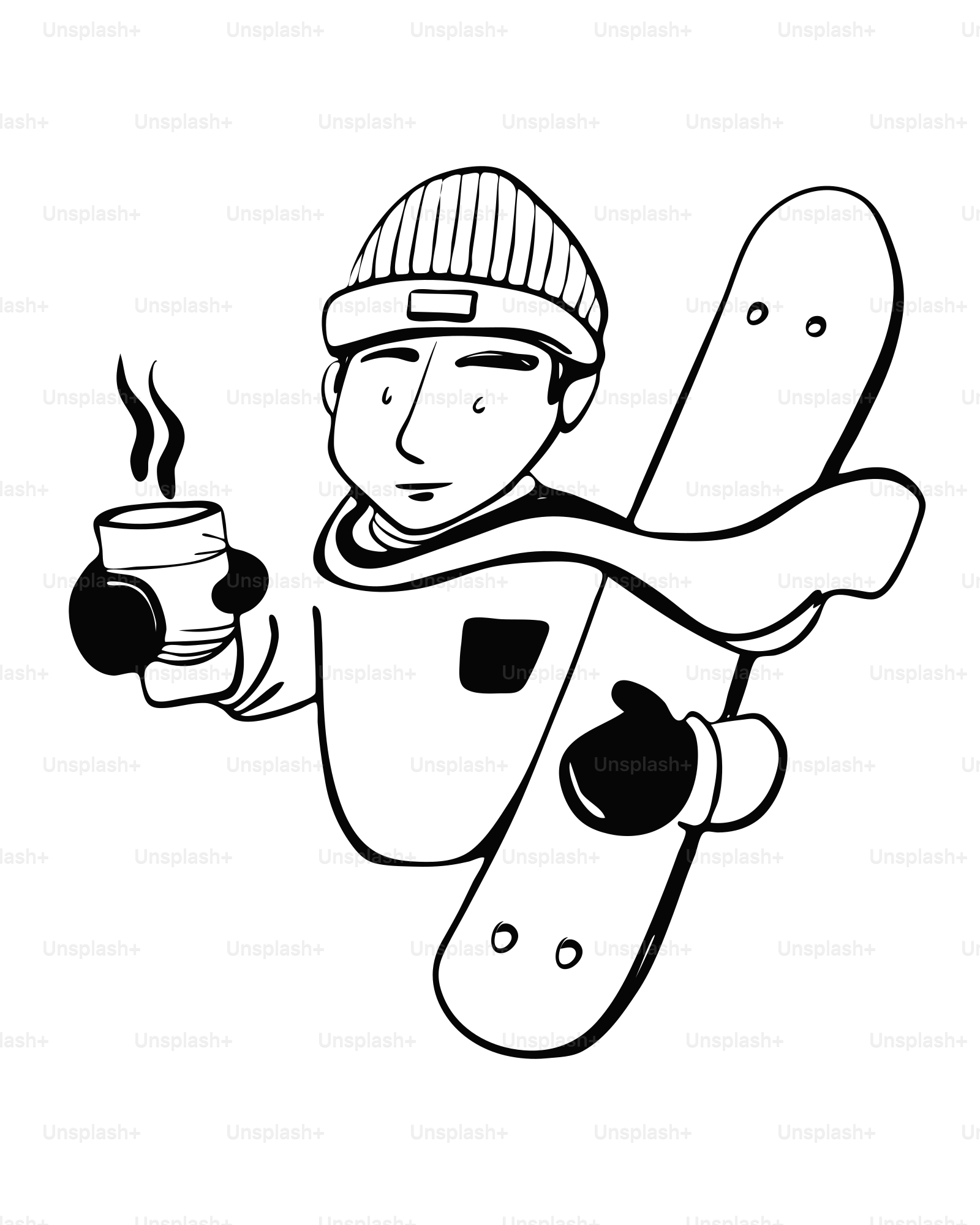 Man with snowboard holding a hot drink