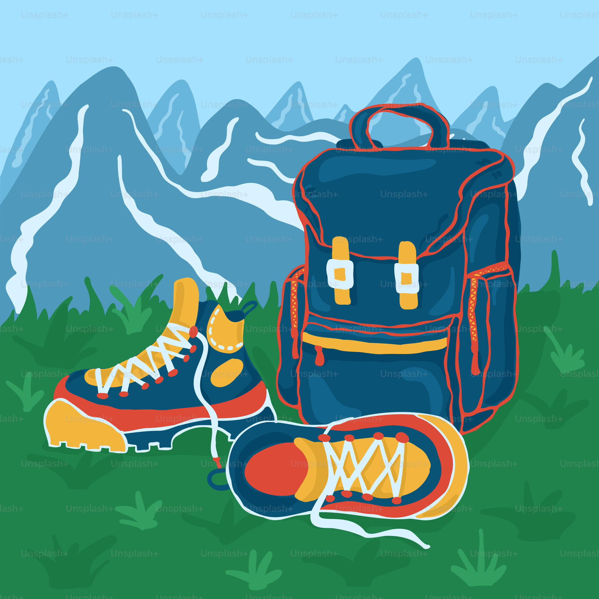 Hiking boots and backpack with mountains background