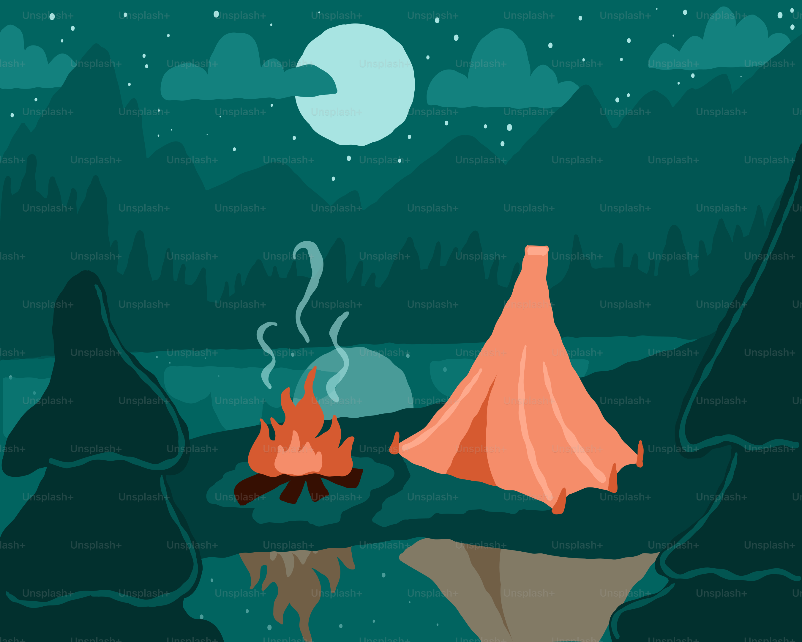 Hoguera y tienda junto a un lago por la noche