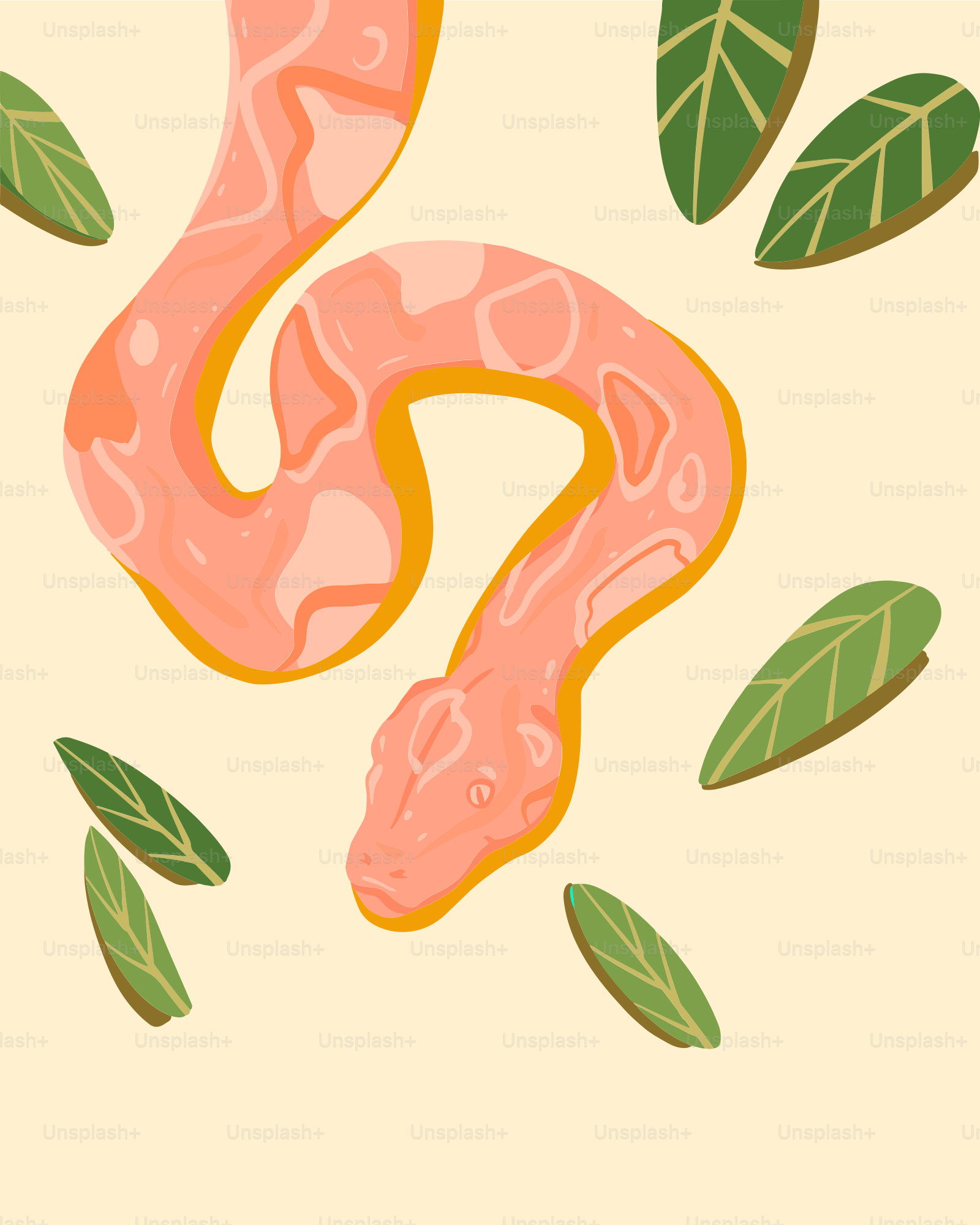 Pink snake slithering amidst leaves.