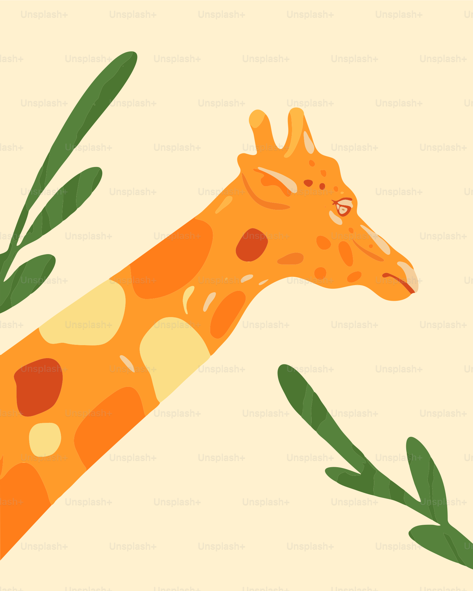 Testa di giraffa stilizzata con foglie verdi su sfondo pallido