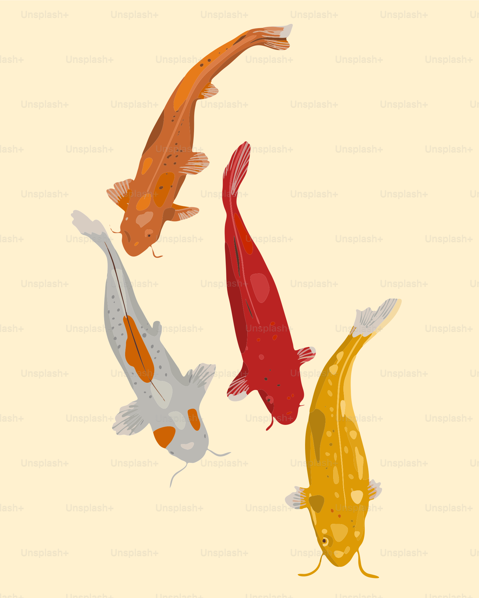 Four colorful koi fish swim in a pale yellow background