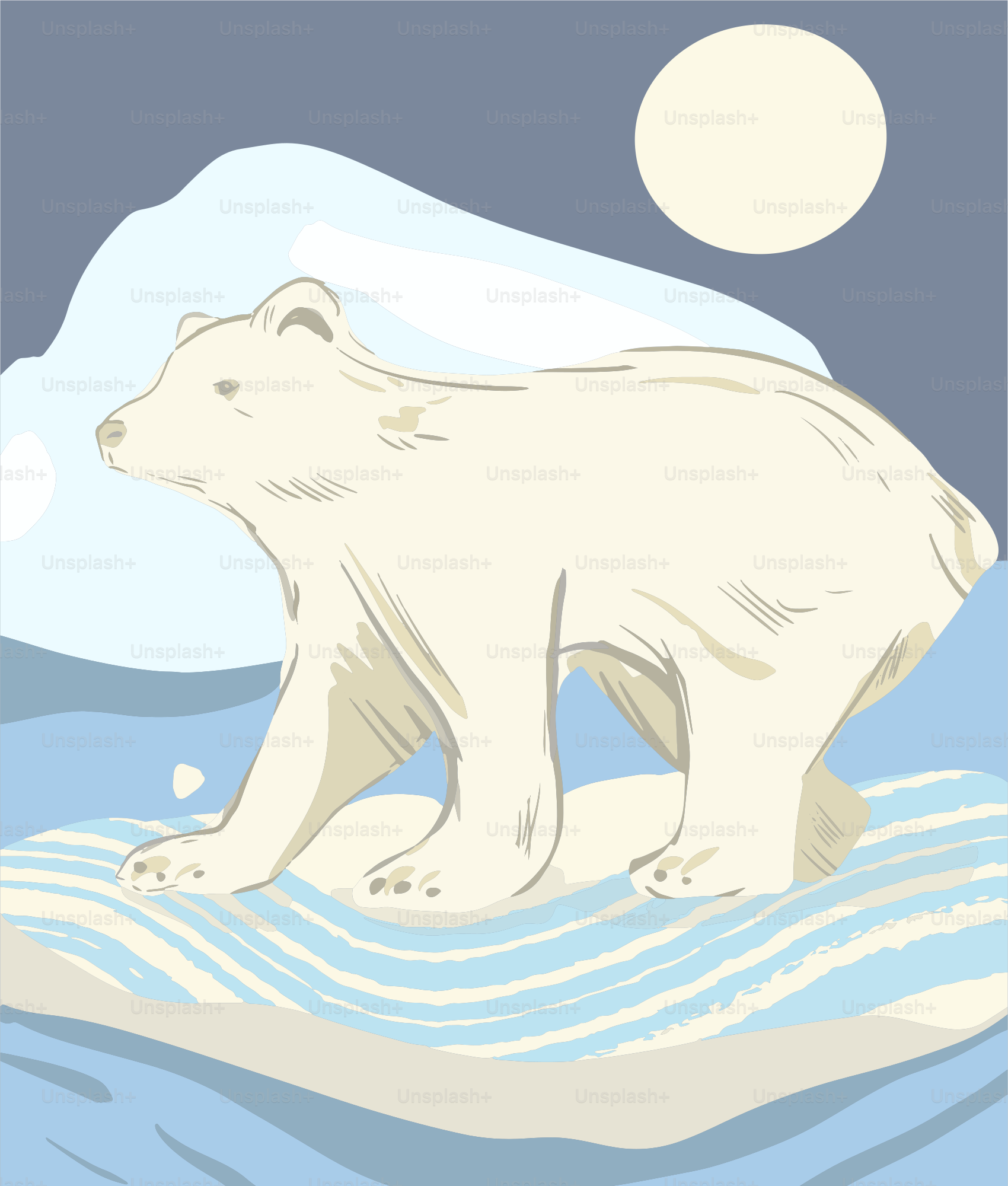 A polar bear on an ice floe under the moon.