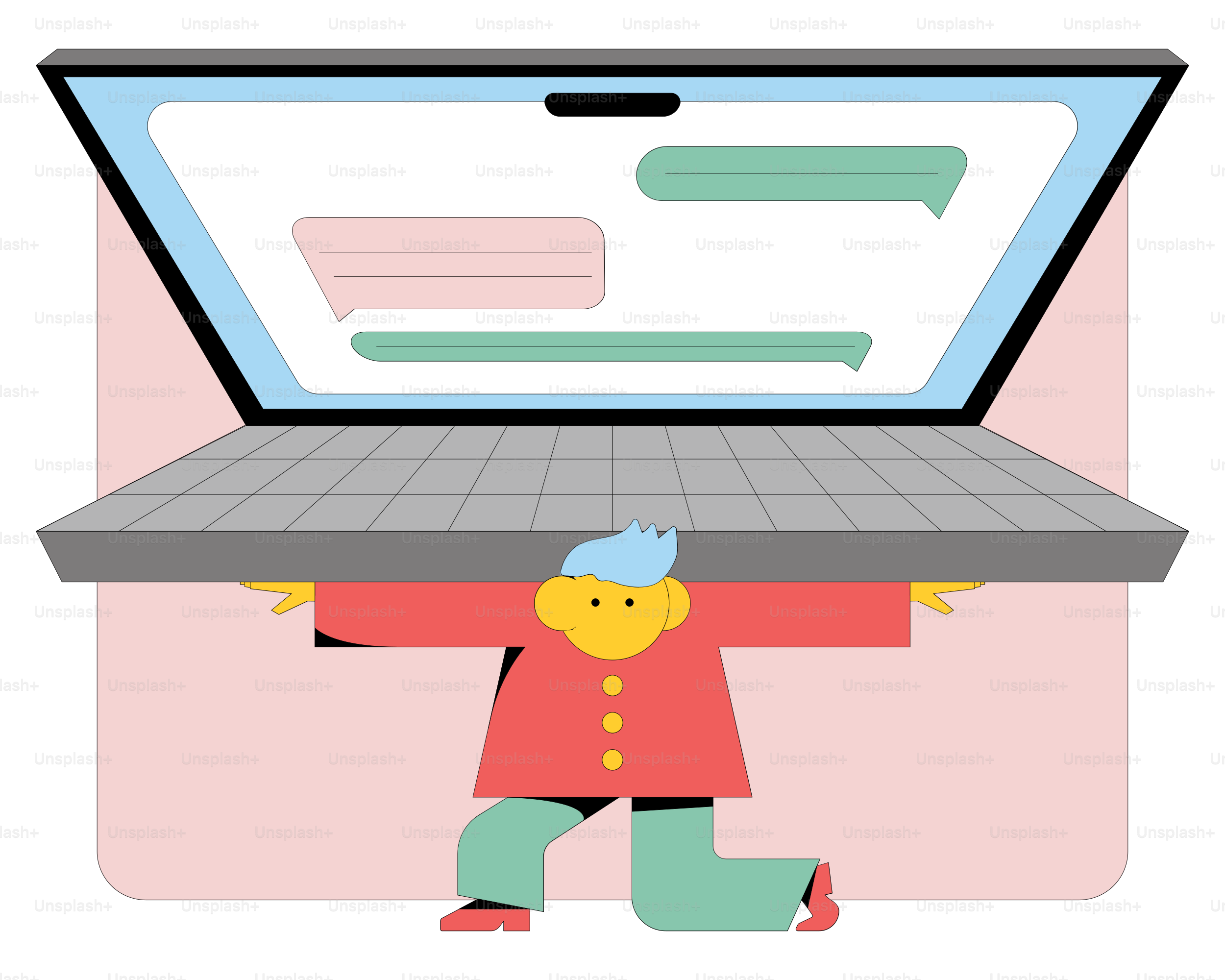 Person holding open laptop with chat messages