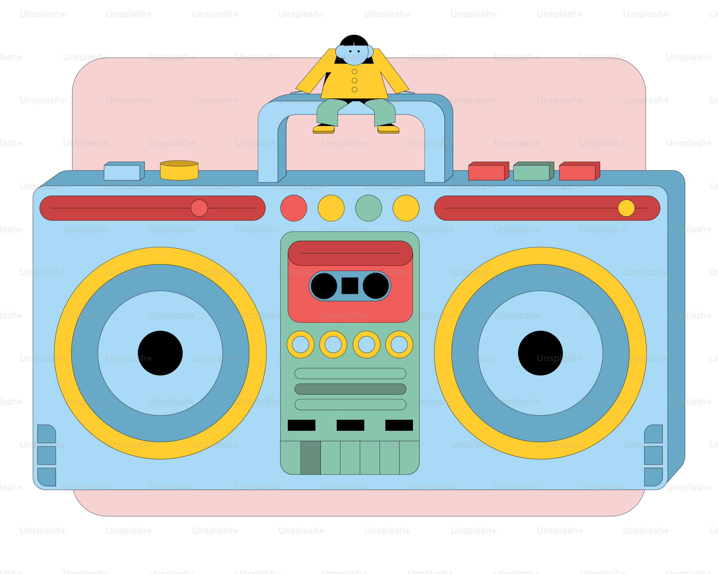 Person sits atop a retro boombox with cassette tape.