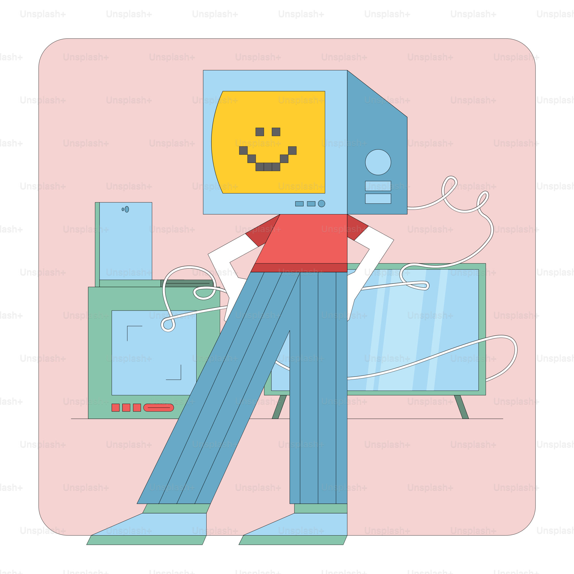 A man standing in front of a computer monitor with a smiley face on it