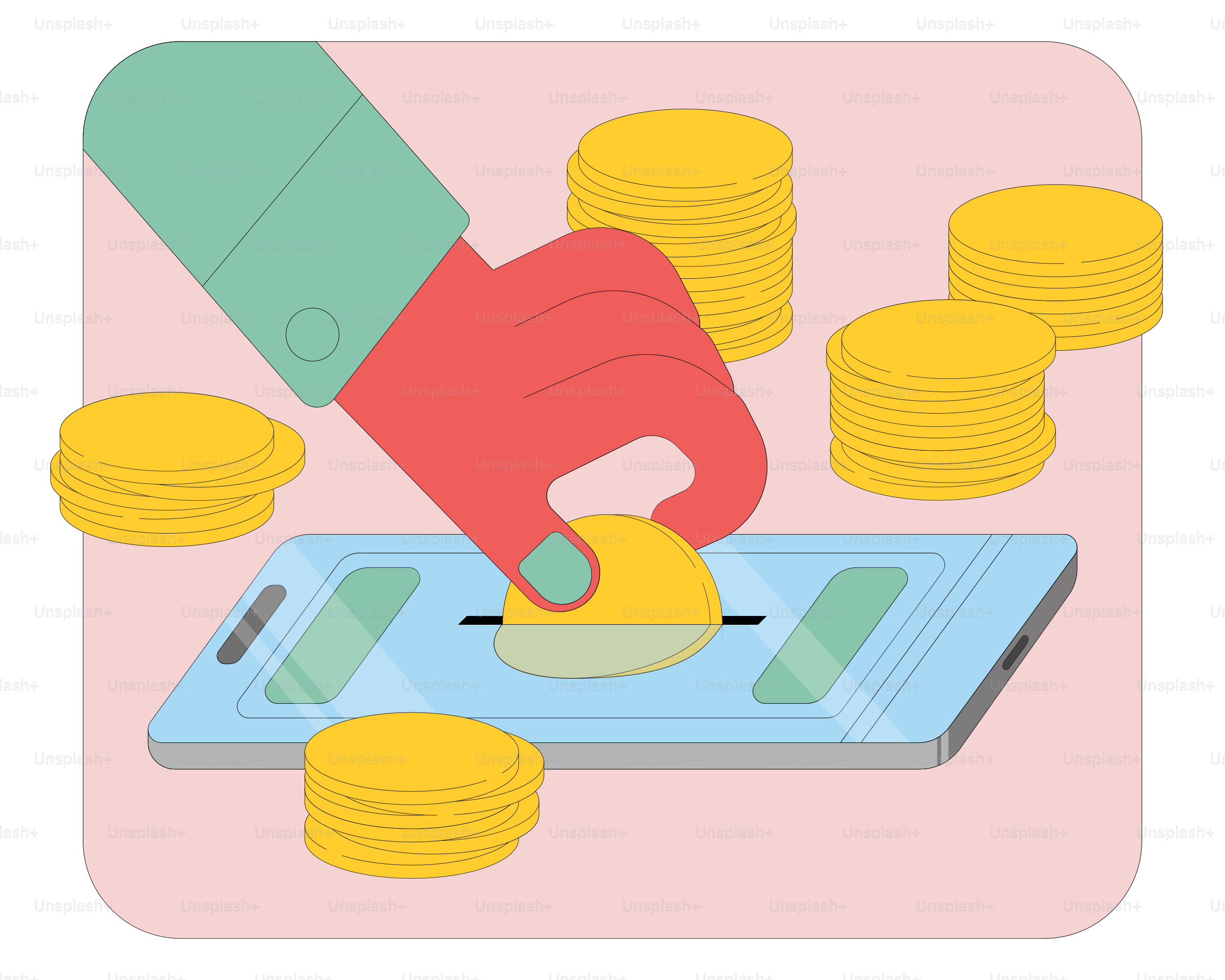 A hand touching a tablet with stacks of coins surrounding it