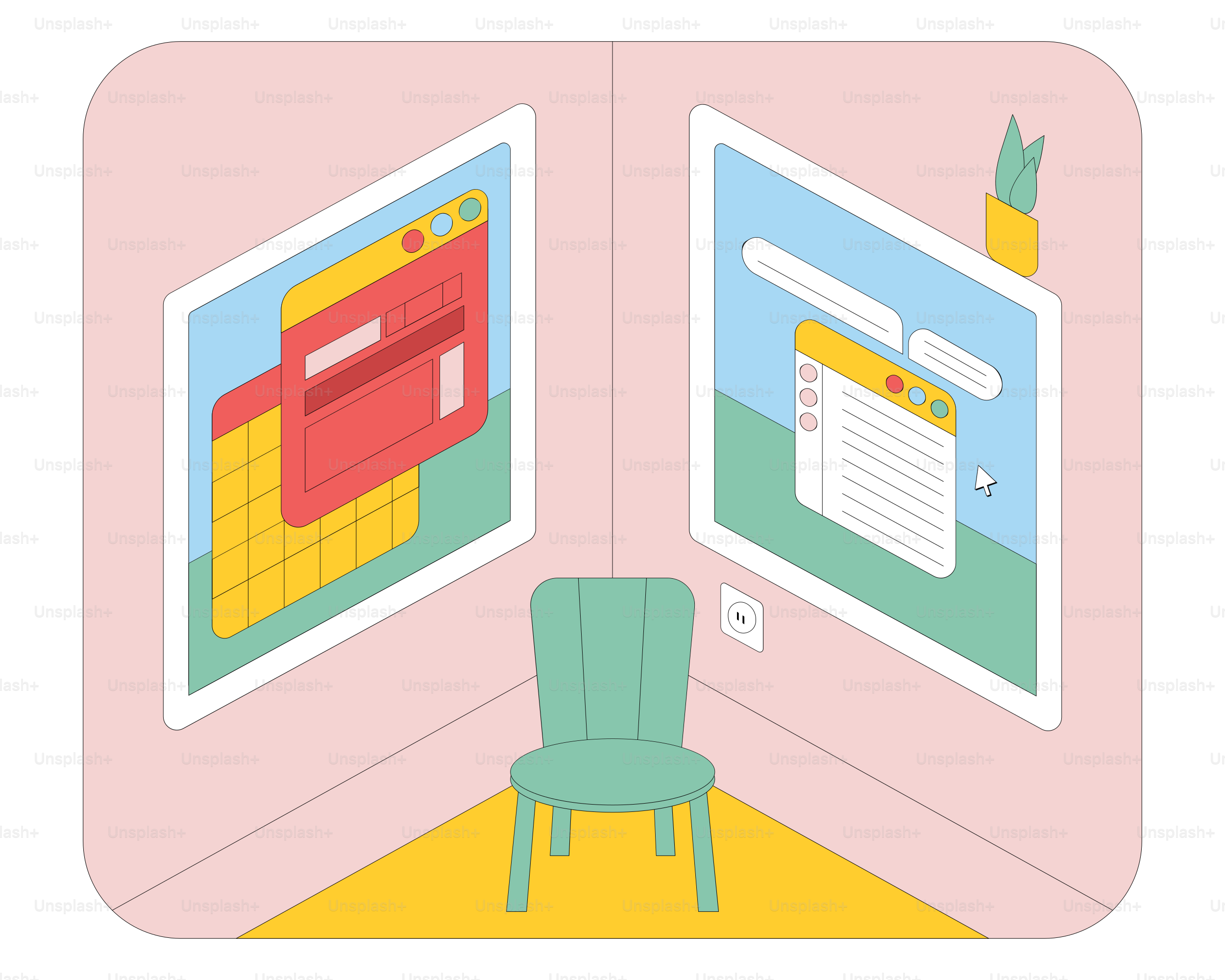 Two screens display digital interfaces in a room.