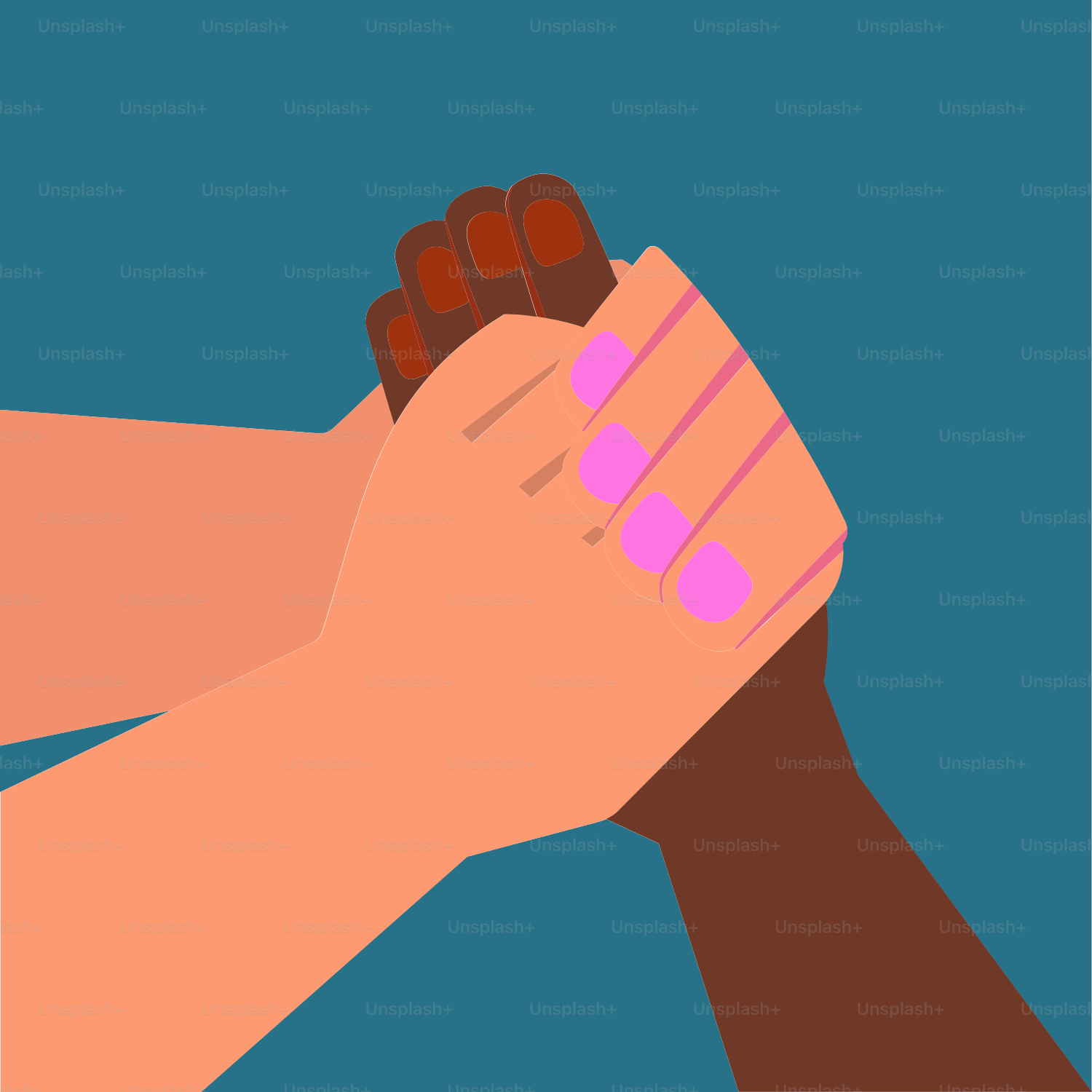 Two hands of different skin tones clasped together.