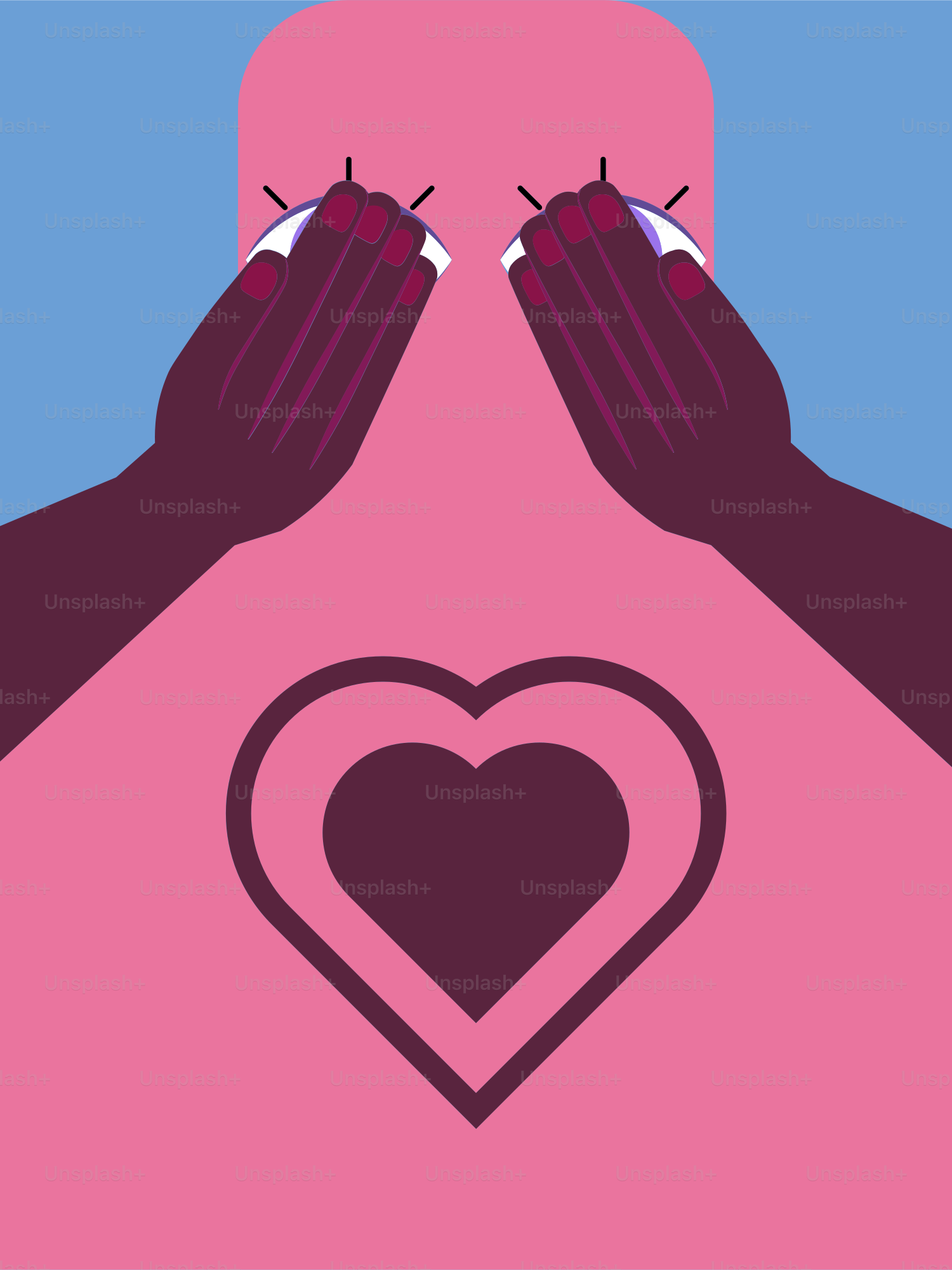 Two hands touching a pink surface with a heart.