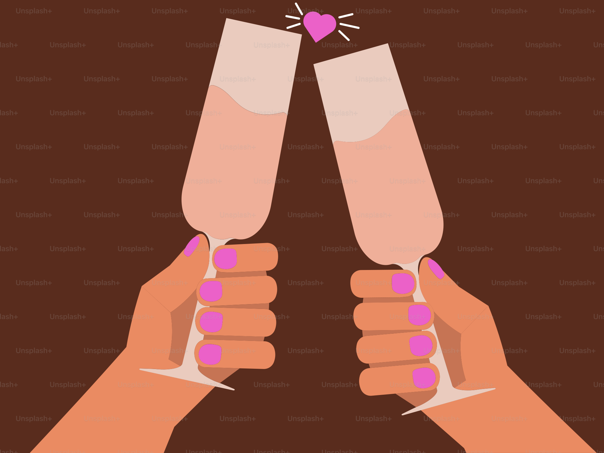 Two hands clinking champagne glasses with a heart