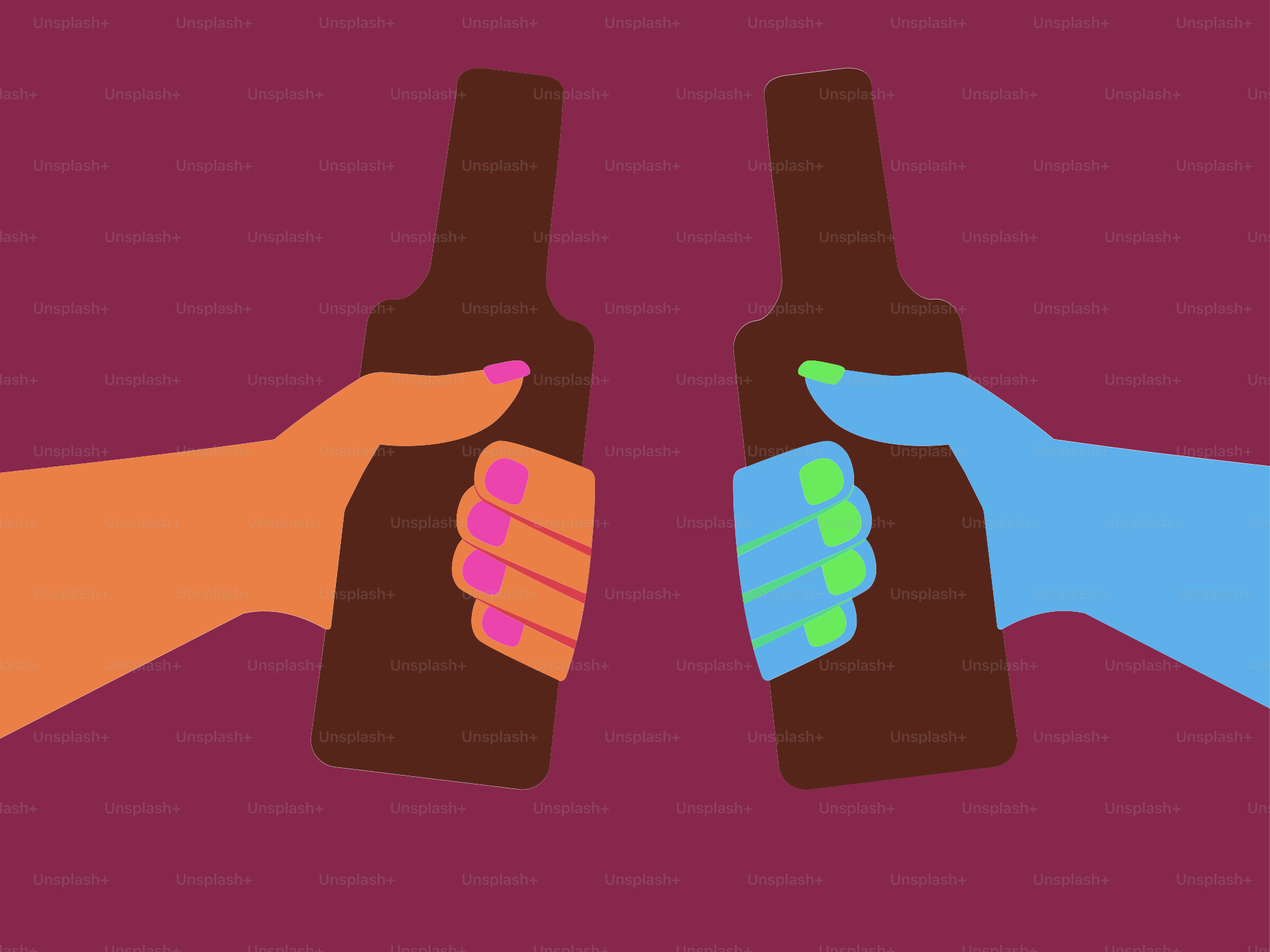 Two hands holding beer bottles in a toast