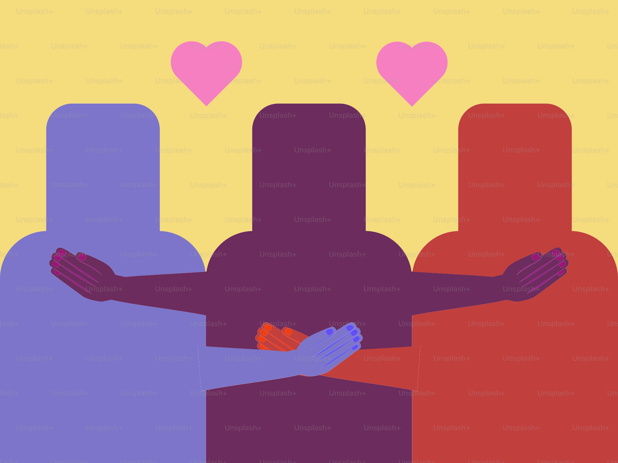 Three figures embracing with pink hearts above