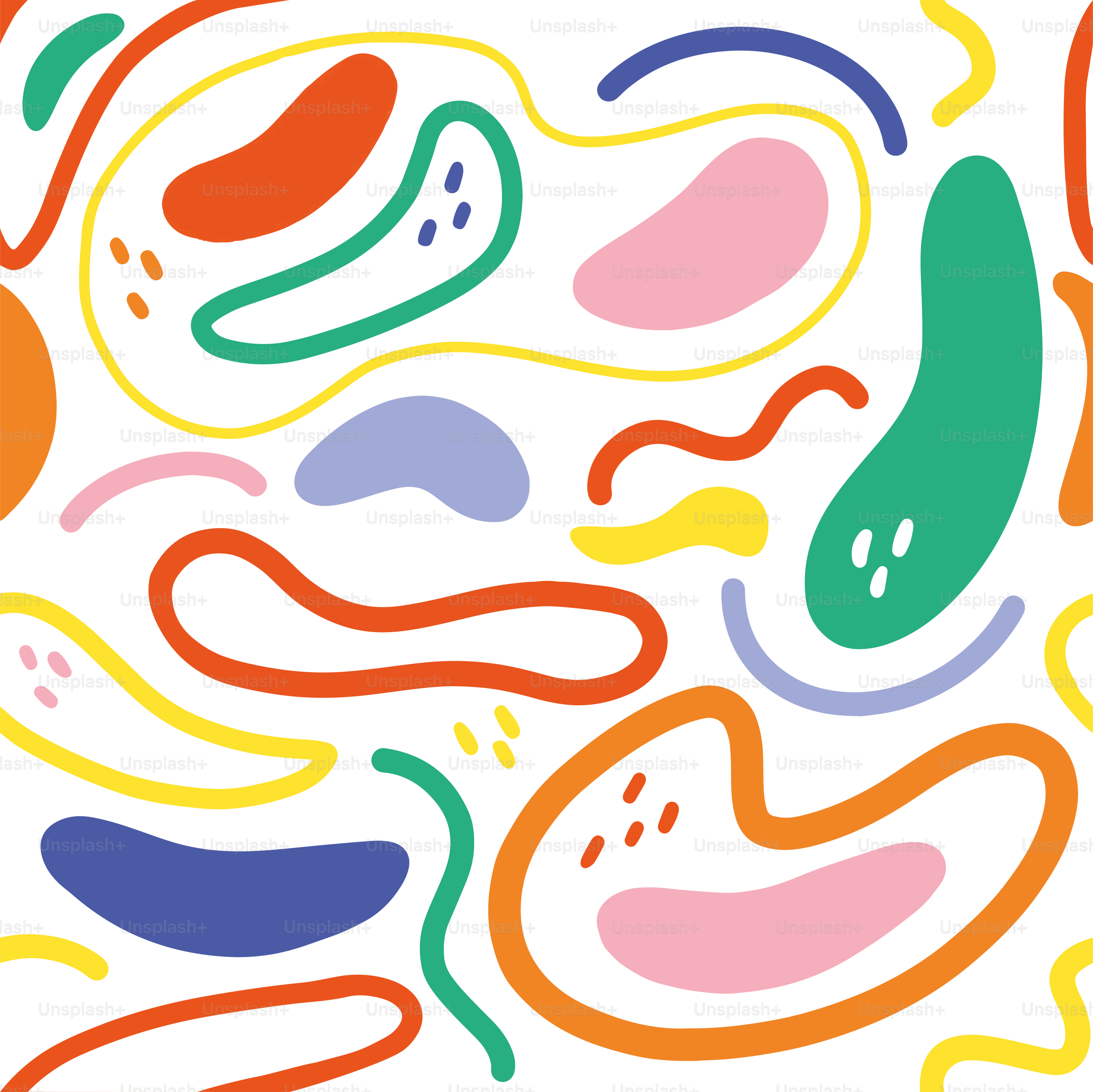 Abstract colorful shapes and lines on white background.