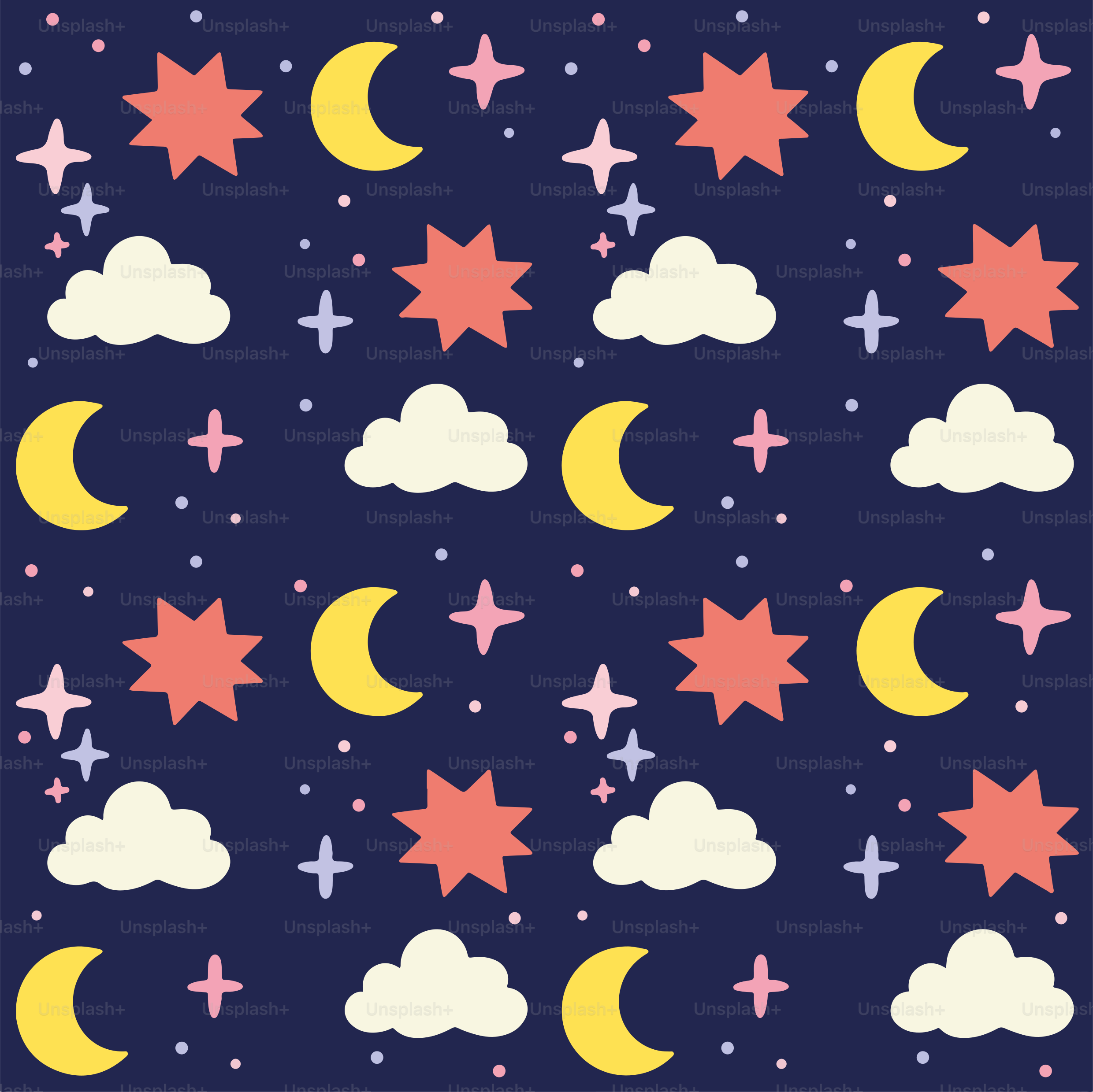 A dark blue background with moons, stars, and clouds.