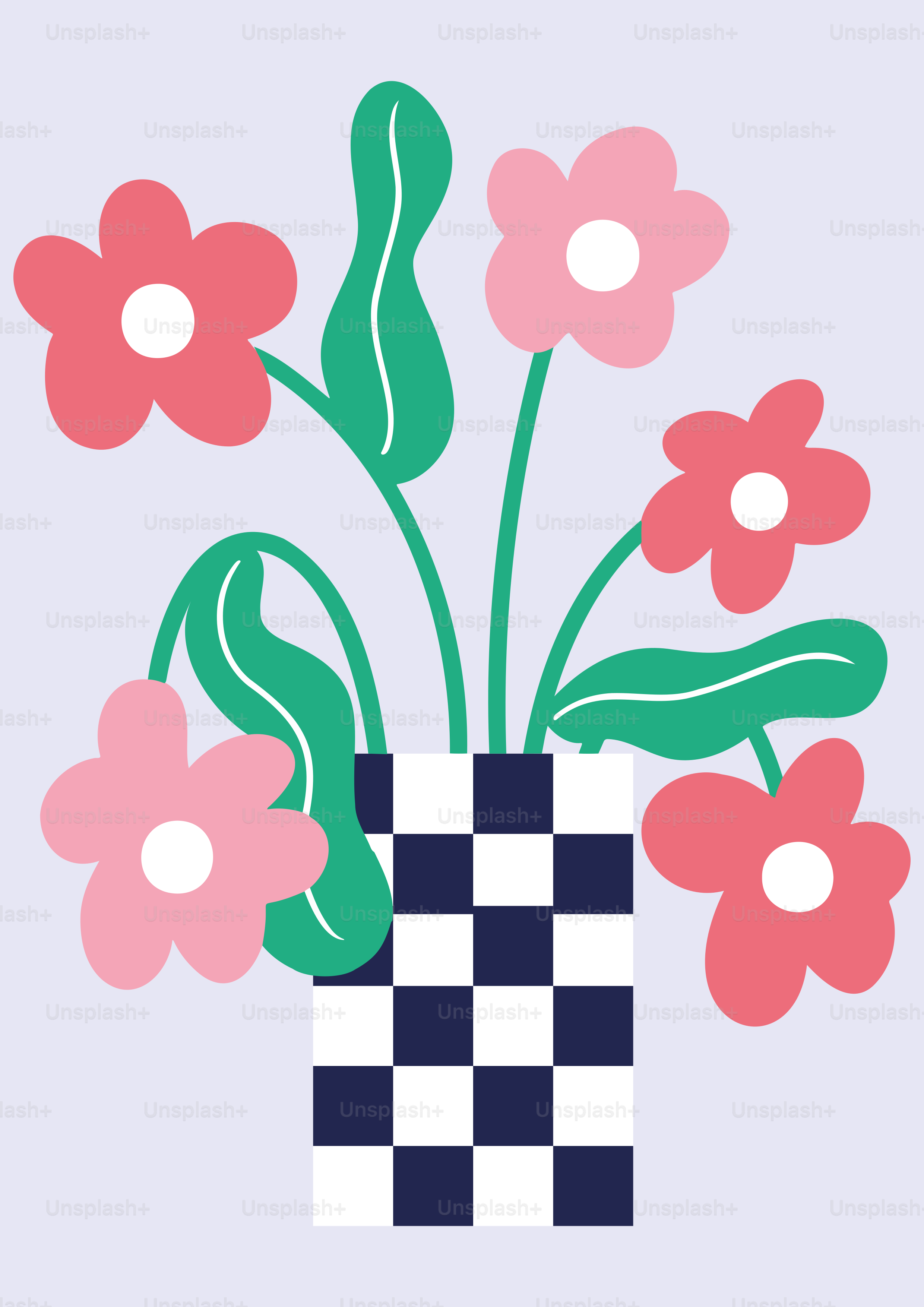 Pink and red flowers in a checkered vase.