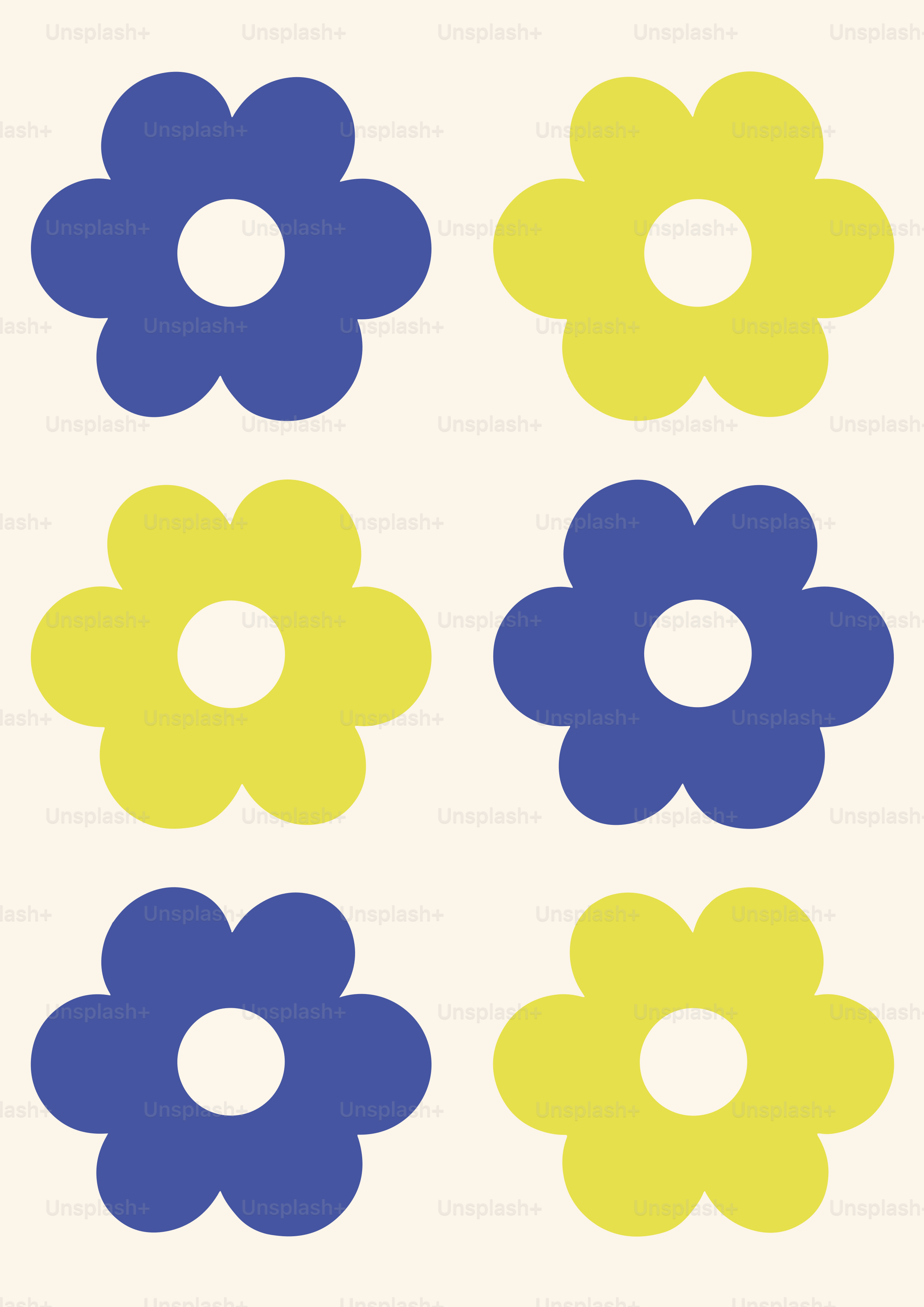 Six stylized flowers in blue and yellow