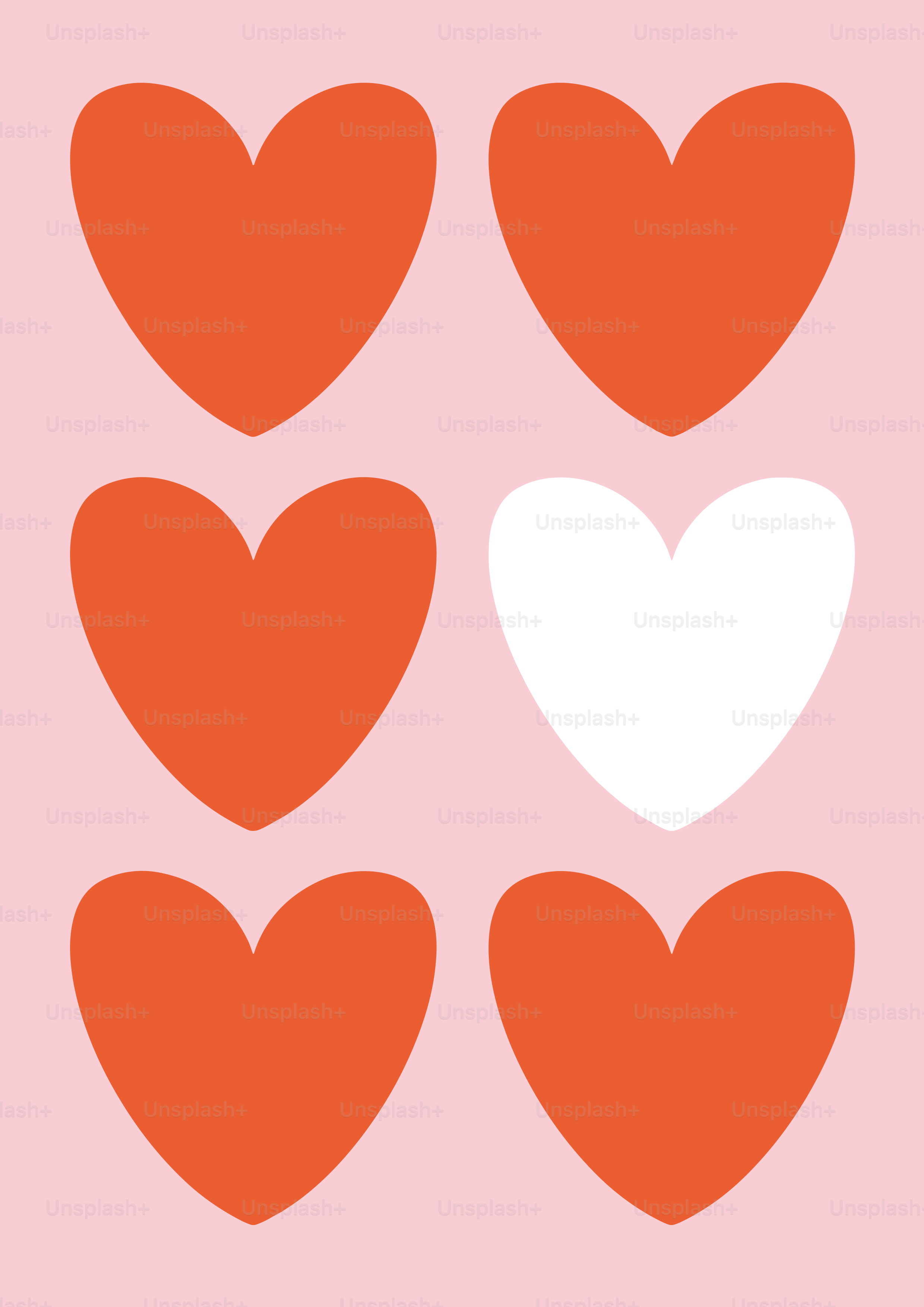 Six hearts, one white, on pink background