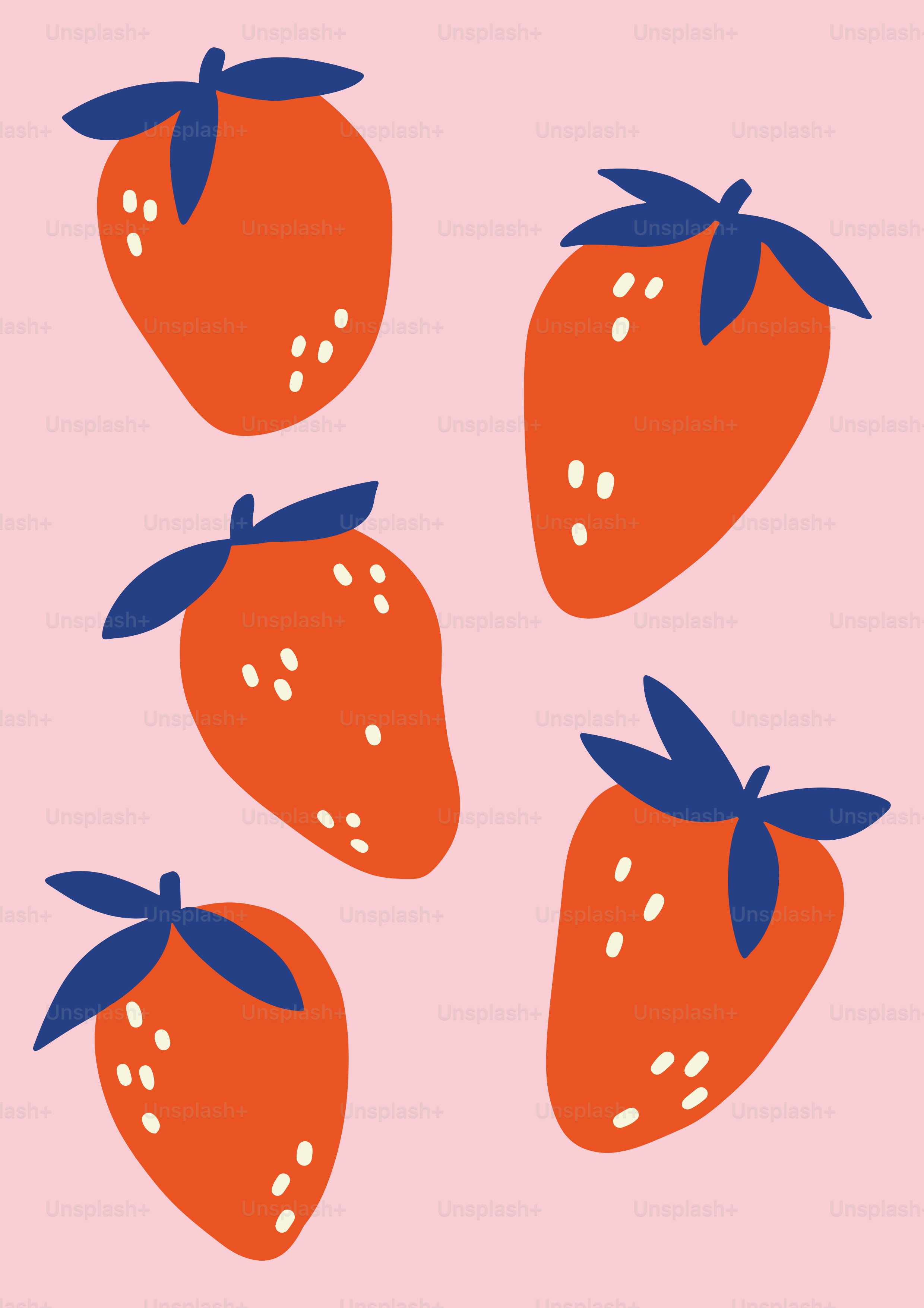 Five stylized strawberries on a pink background