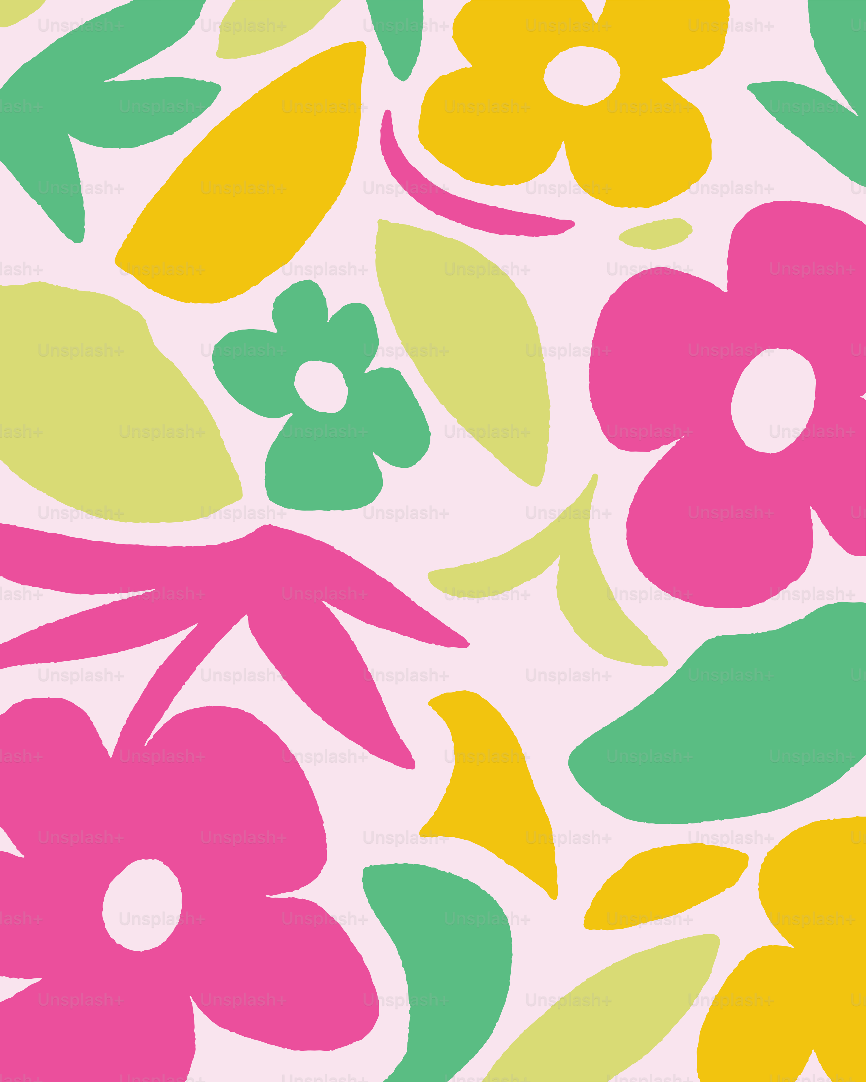 Rosa, Gelb und Grün Blumenmuster auf hellem Rosa.